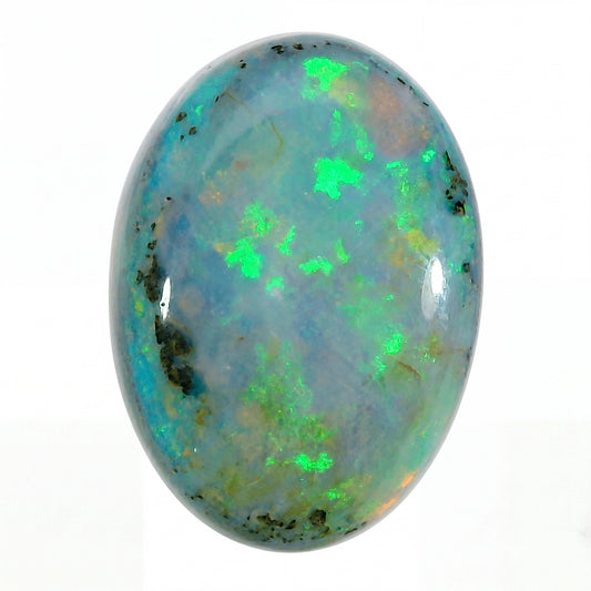 A polished oval cabochon opal gemstone displaying a blue-grey base with vibrant green, orange, and black flashes, set against a plain white background.