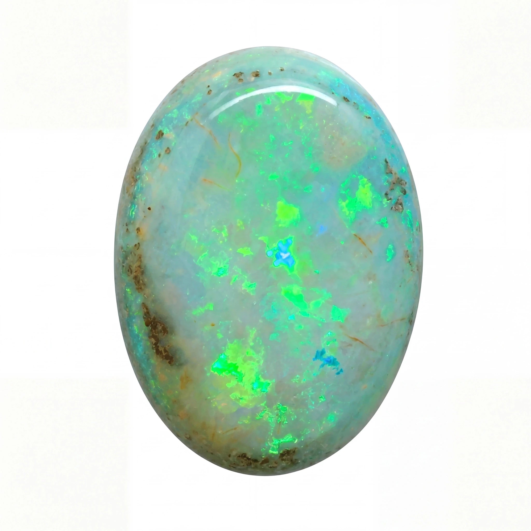 A polished oval opal gemstone displaying vibrant flashes of green, blue, and white over a pale greyish base, set against a plain white background.
