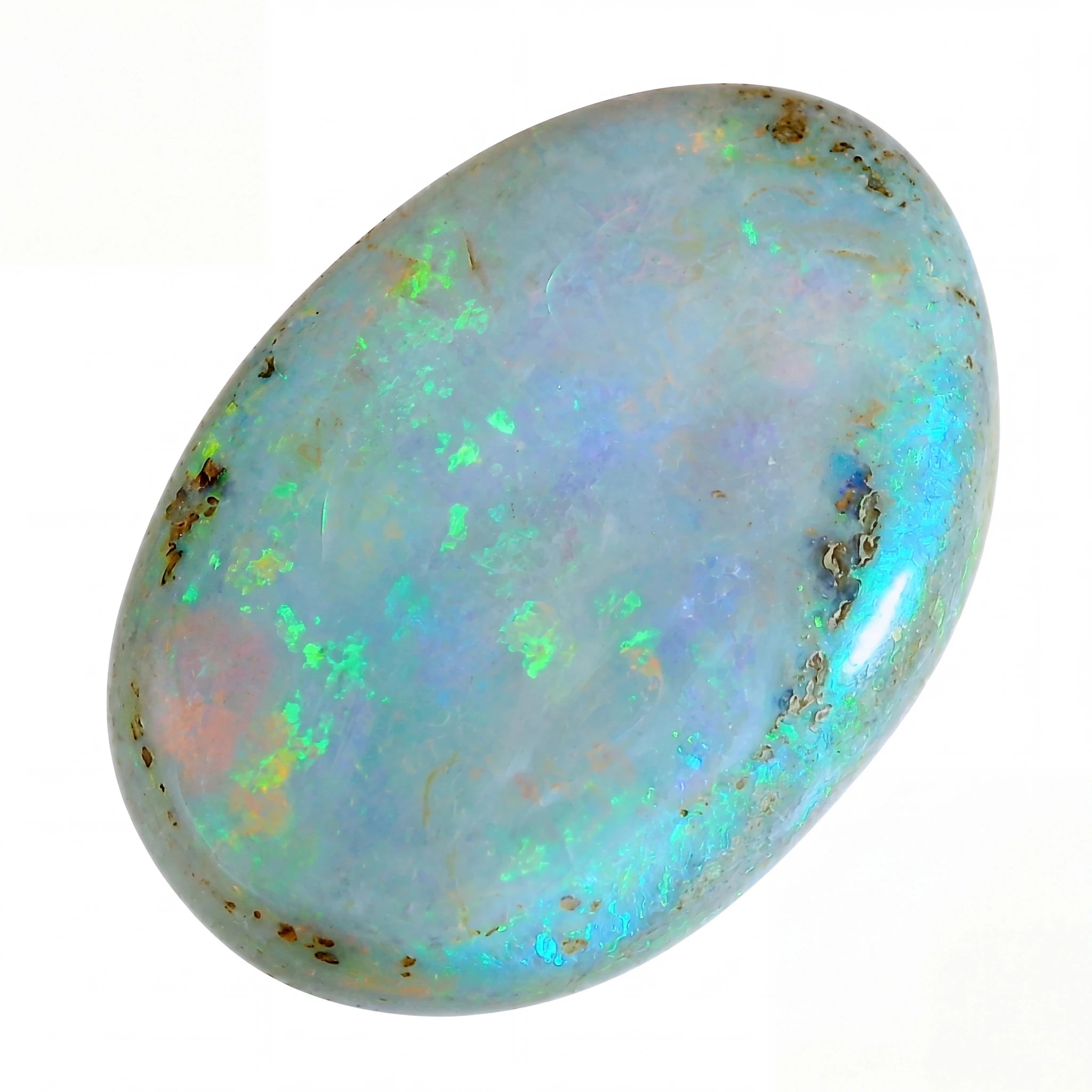 Opal stone with multicoloured play of light on a white background