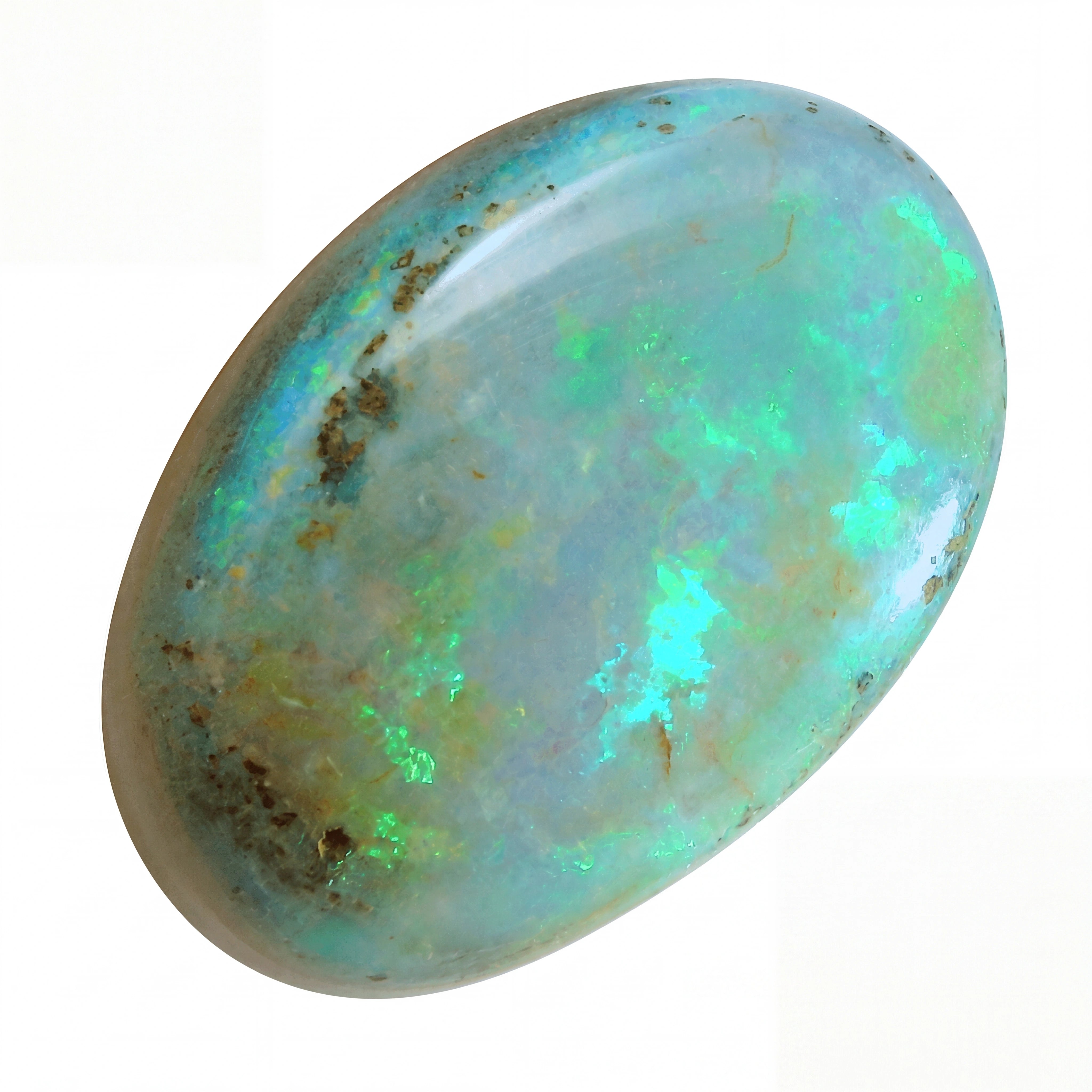 Opal stone with green and blue fluorescence on a white background