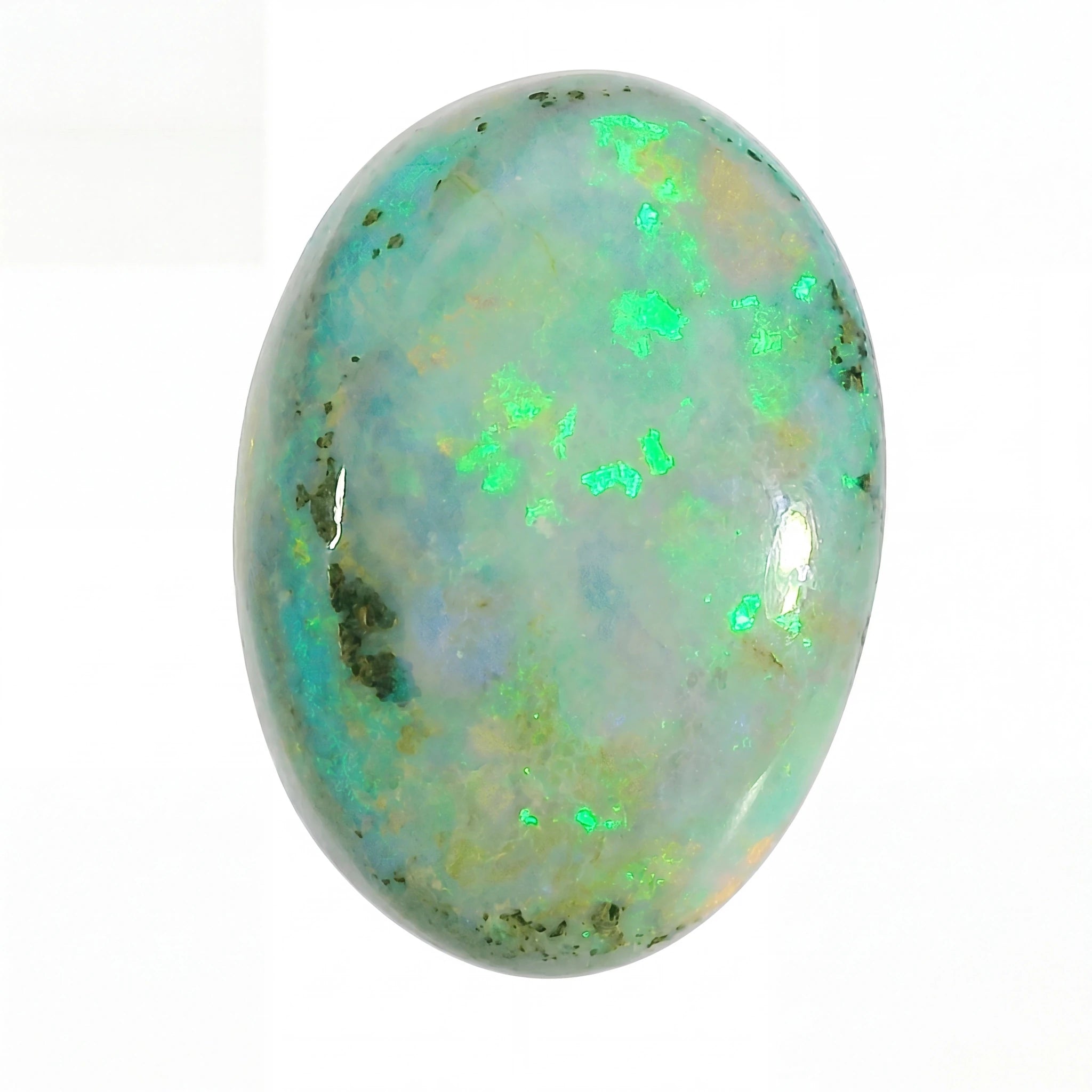 Opal stone with green and white colours on a white background