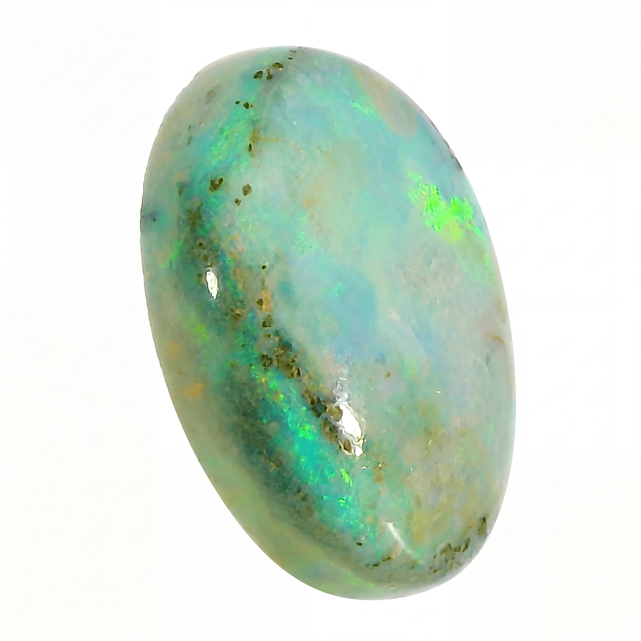 Opal stone with green and blue hues on a white background
