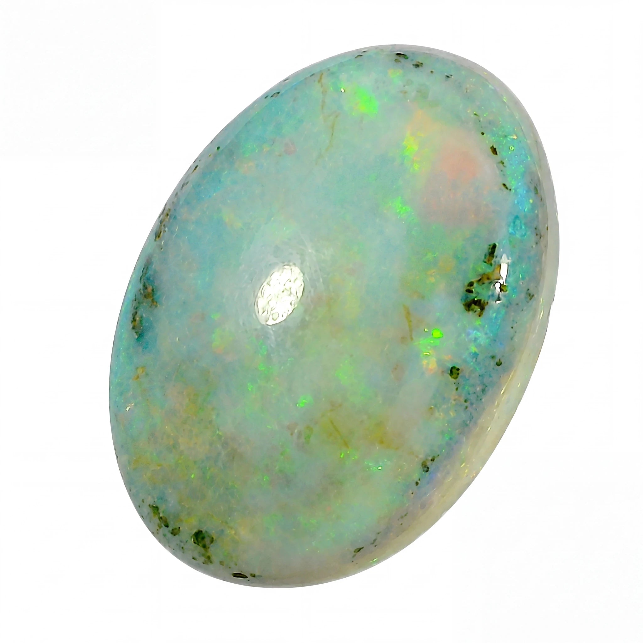 Opal stone with play of colours on a white background