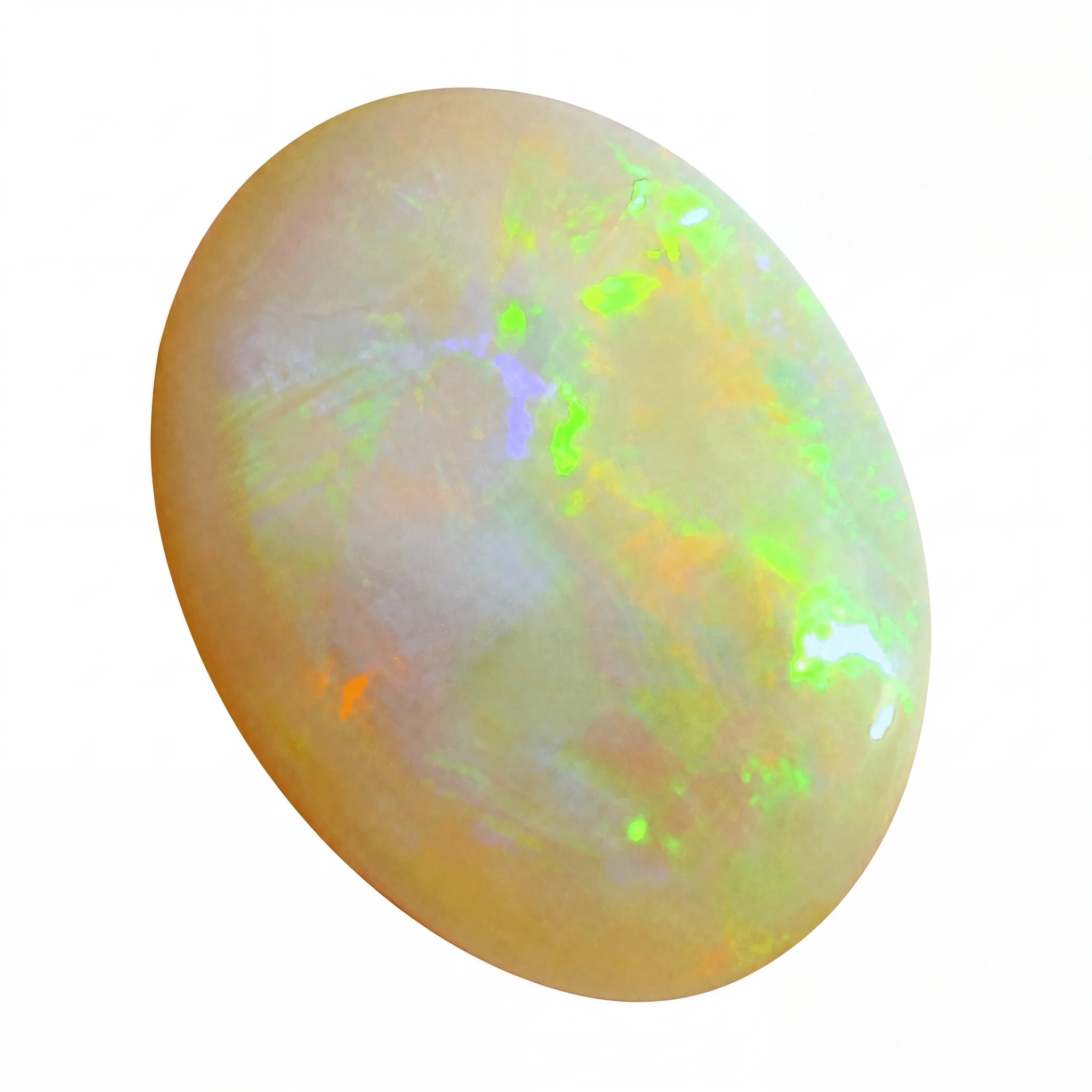 Opal gemstone with multicoloured play of light on a white background