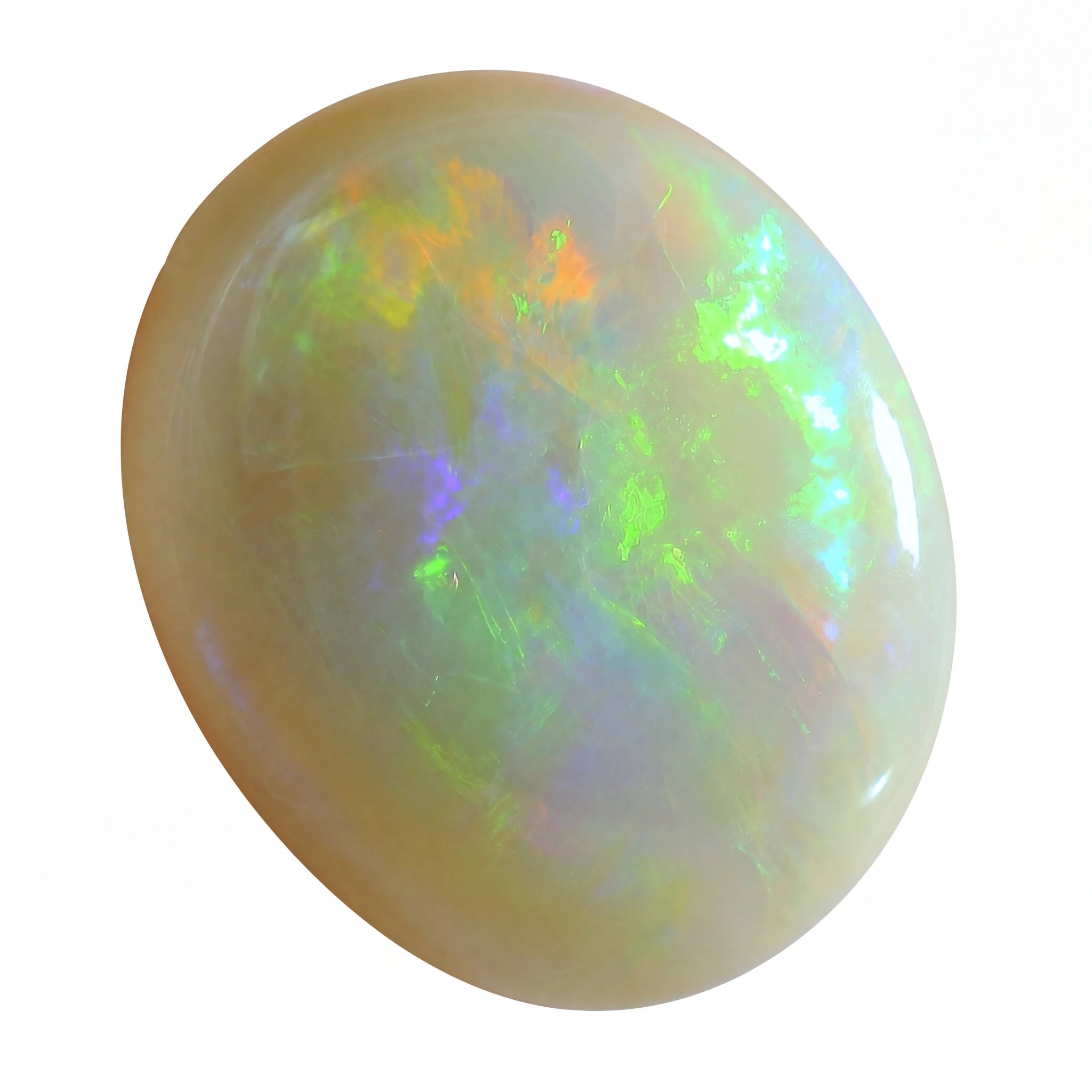 Opal stone with multicoloured play of light on a white background