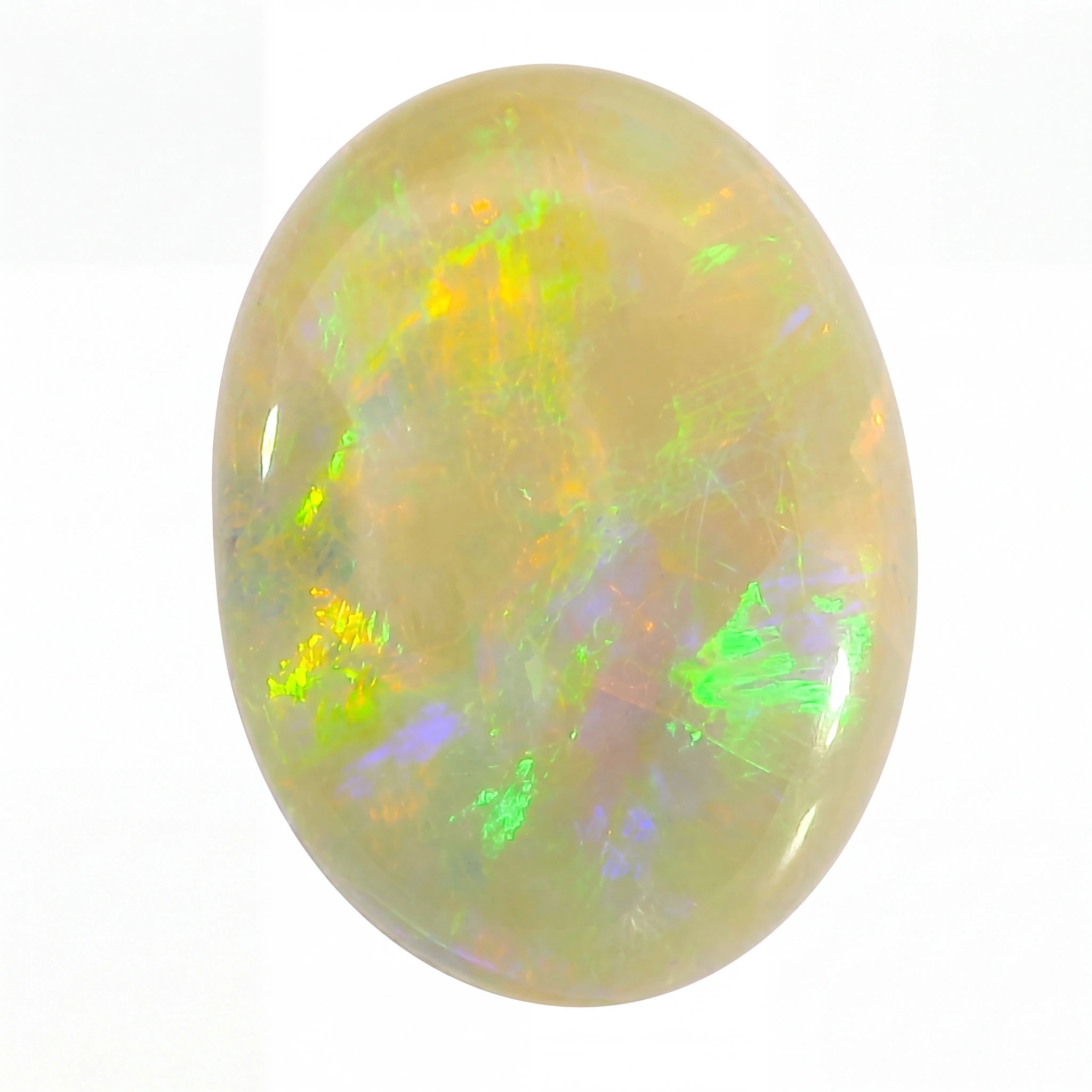 Opal stone with multicoloured play of light on a white background