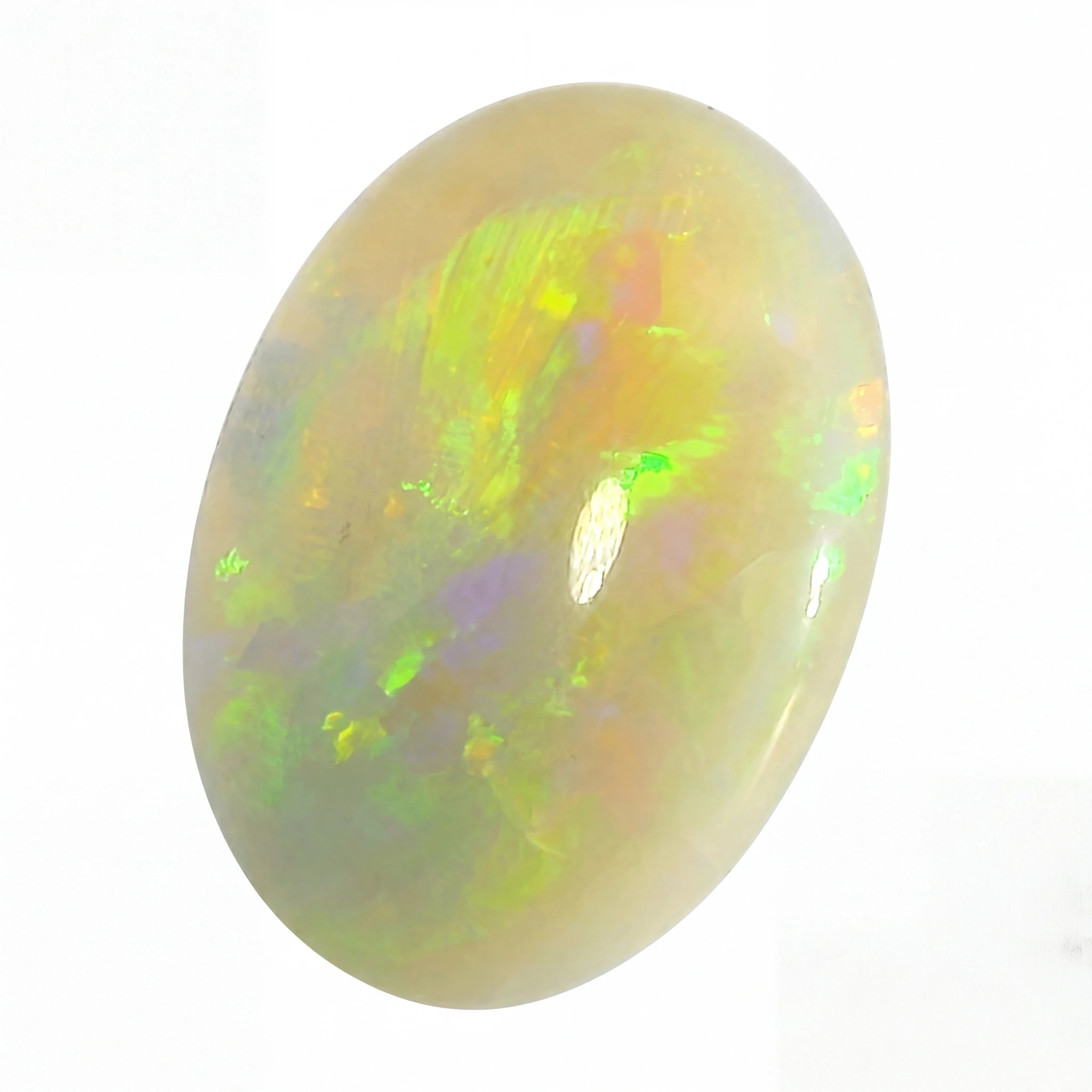 A polished oval cabochon opal gemstone displaying a play-of-colour with vibrant flashes of green, yellow, orange, and purple on a white background.