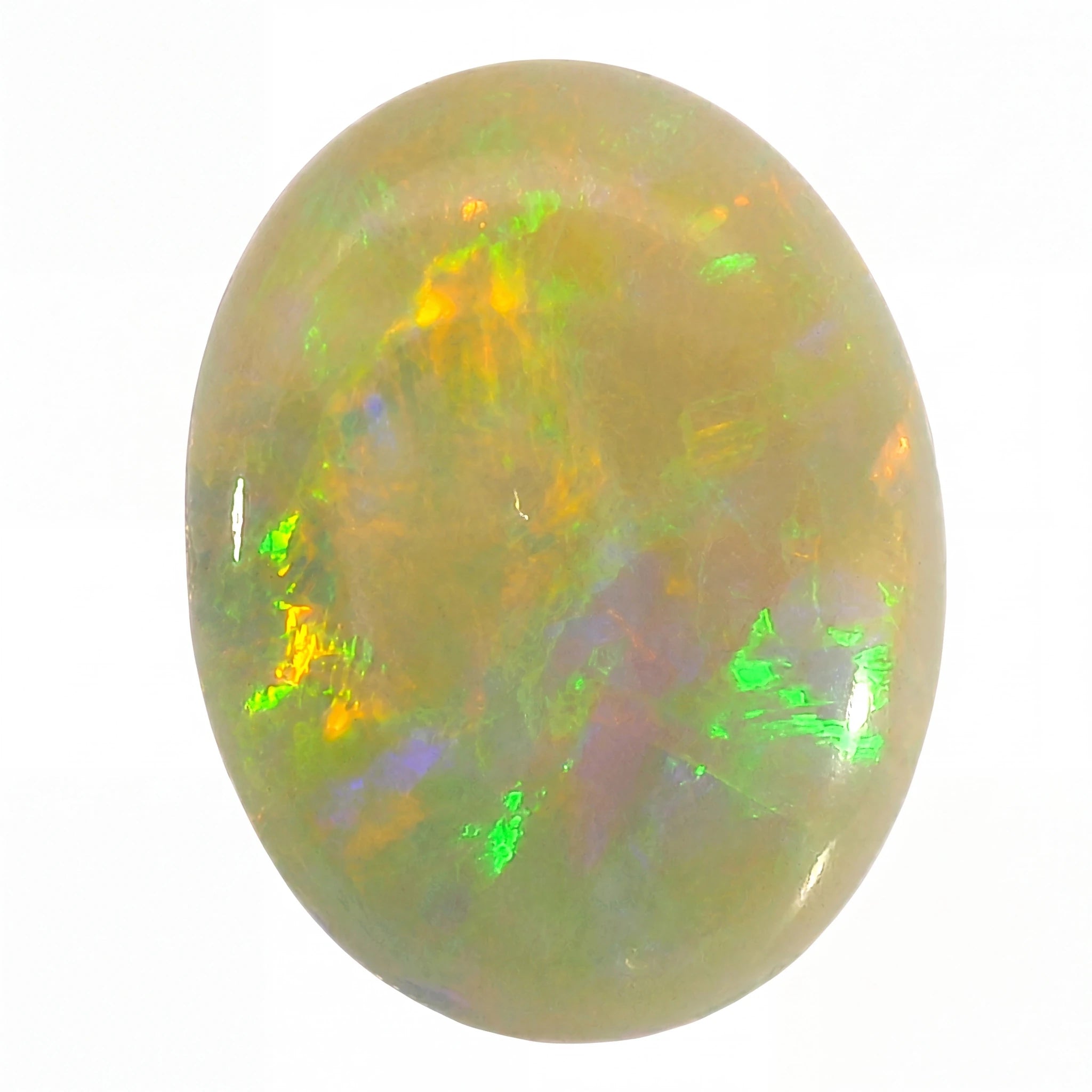 Opal stone with green and yellow fluorescence on a white background