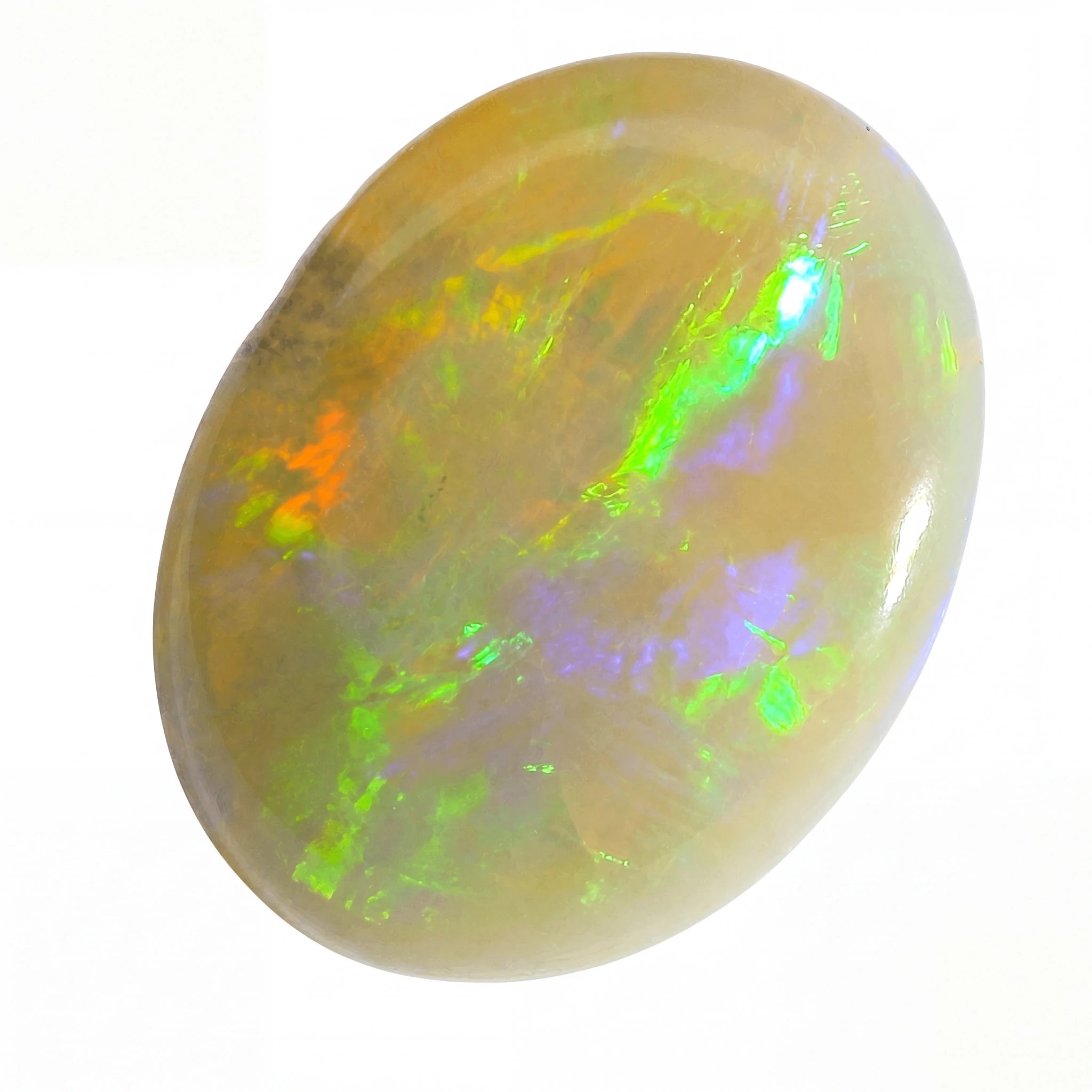 A polished oval cabochon opal gemstone displaying vibrant flashes of green, orange, and purple iridescence over a creamy beige base, set against a plain white background.