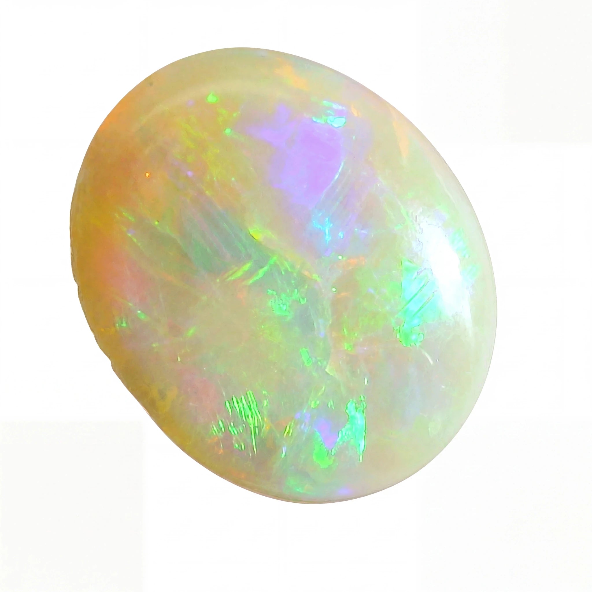 A polished cabochon opal gemstone displaying a play-of-colour with vibrant flashes of green, purple, yellow, and orange against a white background.