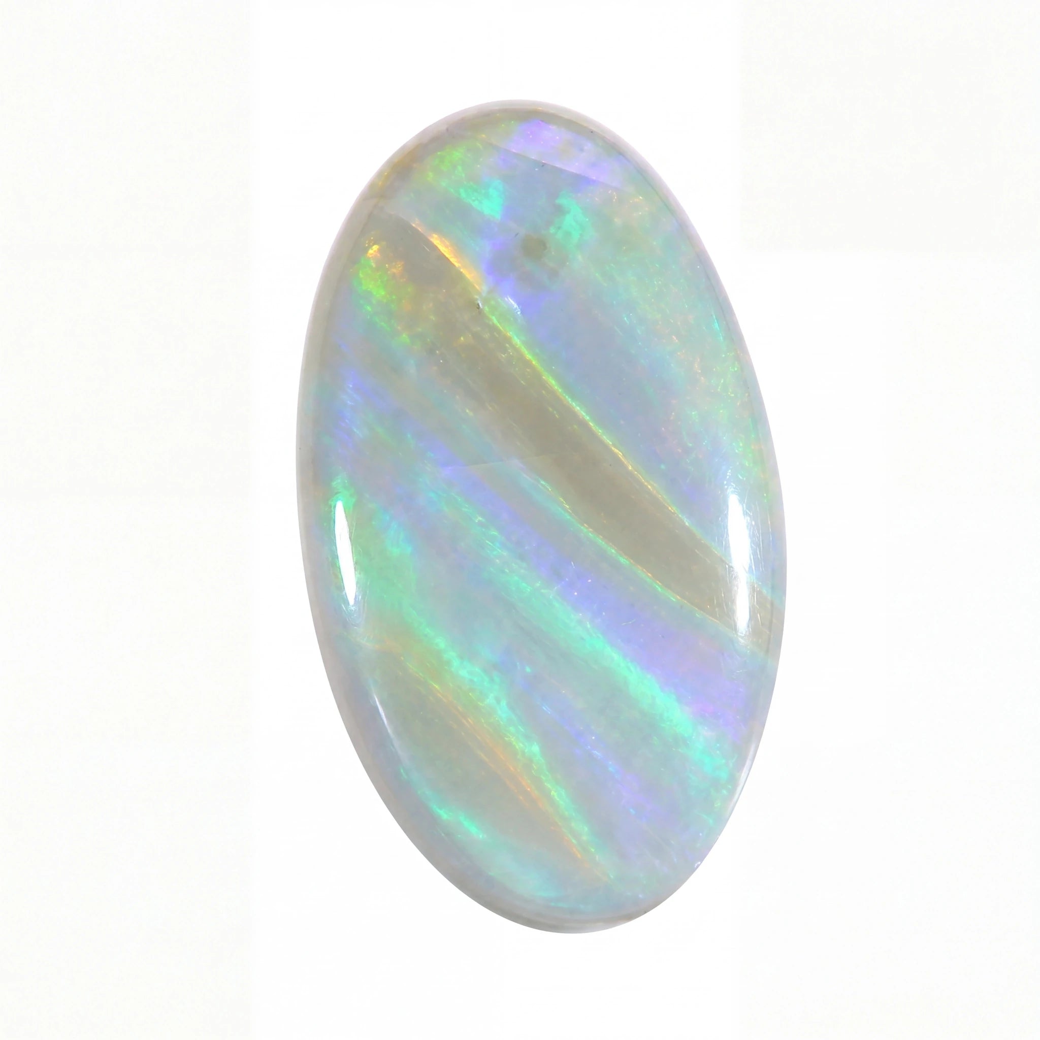 Opal stone with multicoloured play of light on a white background