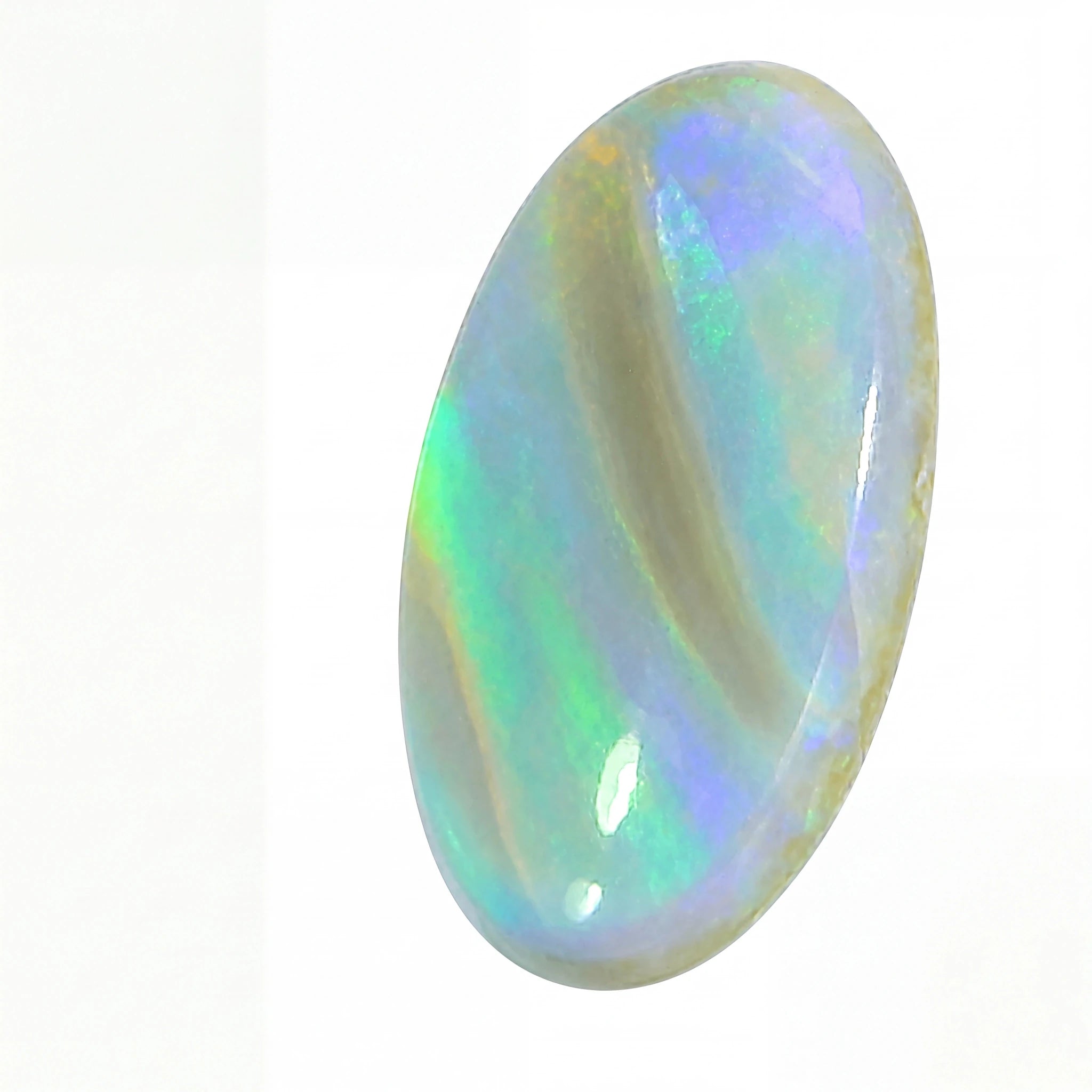 A polished oval cabochon gemstone with iridescent play-of-colour showing green, blue, purple, and cream tones on a white background.