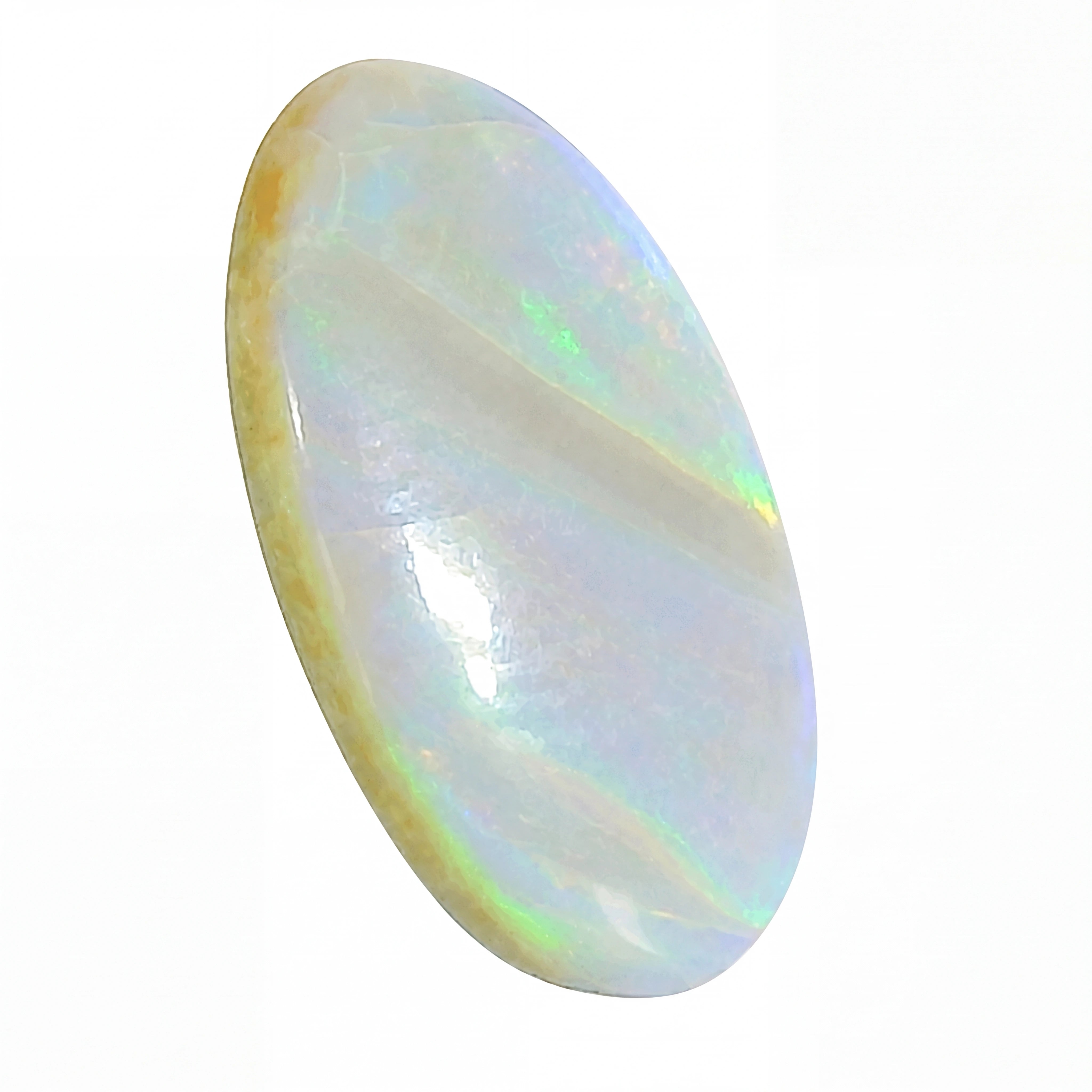 Opal stone with multicoloured play of light on a white background