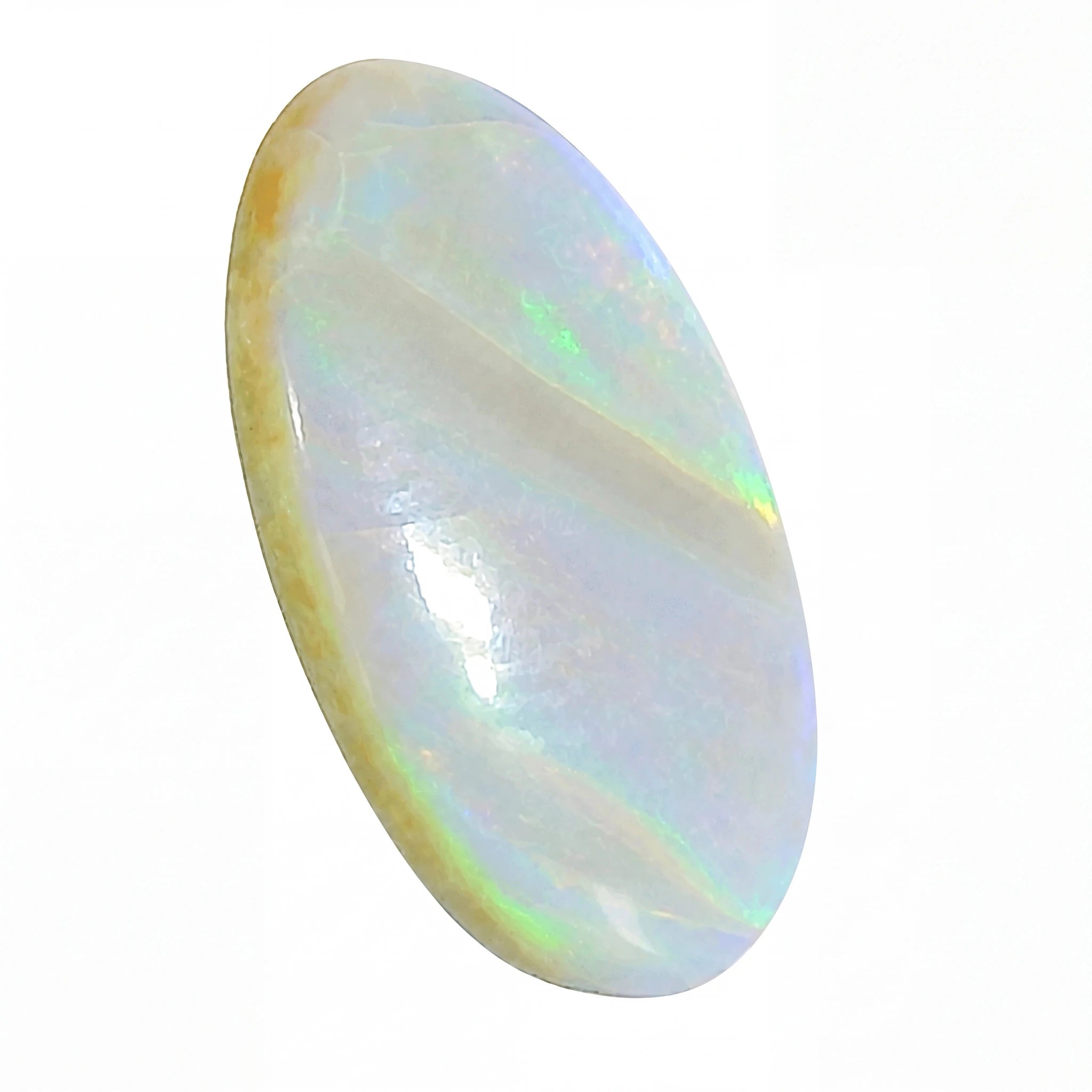 A polished oval cabochon opal gemstone with a pearlescent white base and iridescent flashes of green, blue, and yellow, shown on a plain white background.