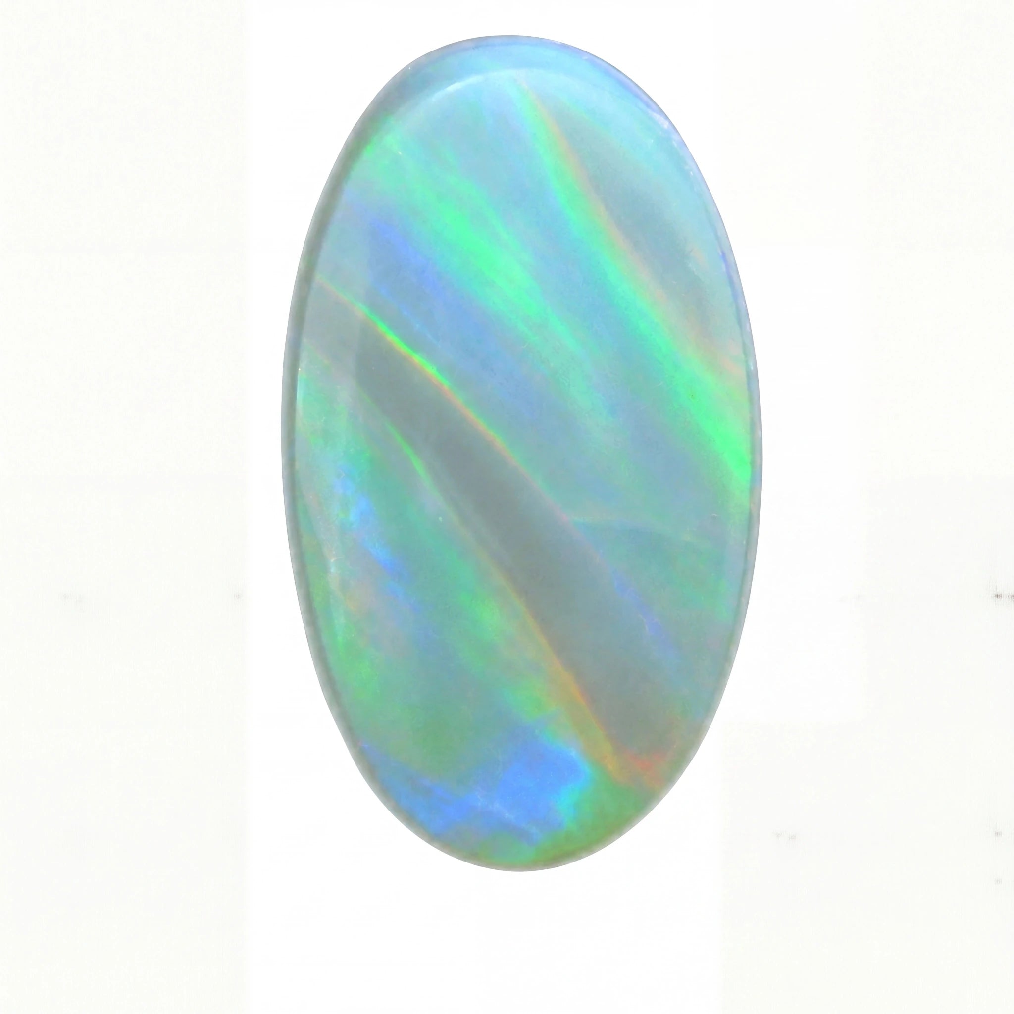 An oval cabochon gemstone showing a play-of-colour pattern with vibrant green, blue, and light purple iridescent bands on a white background.