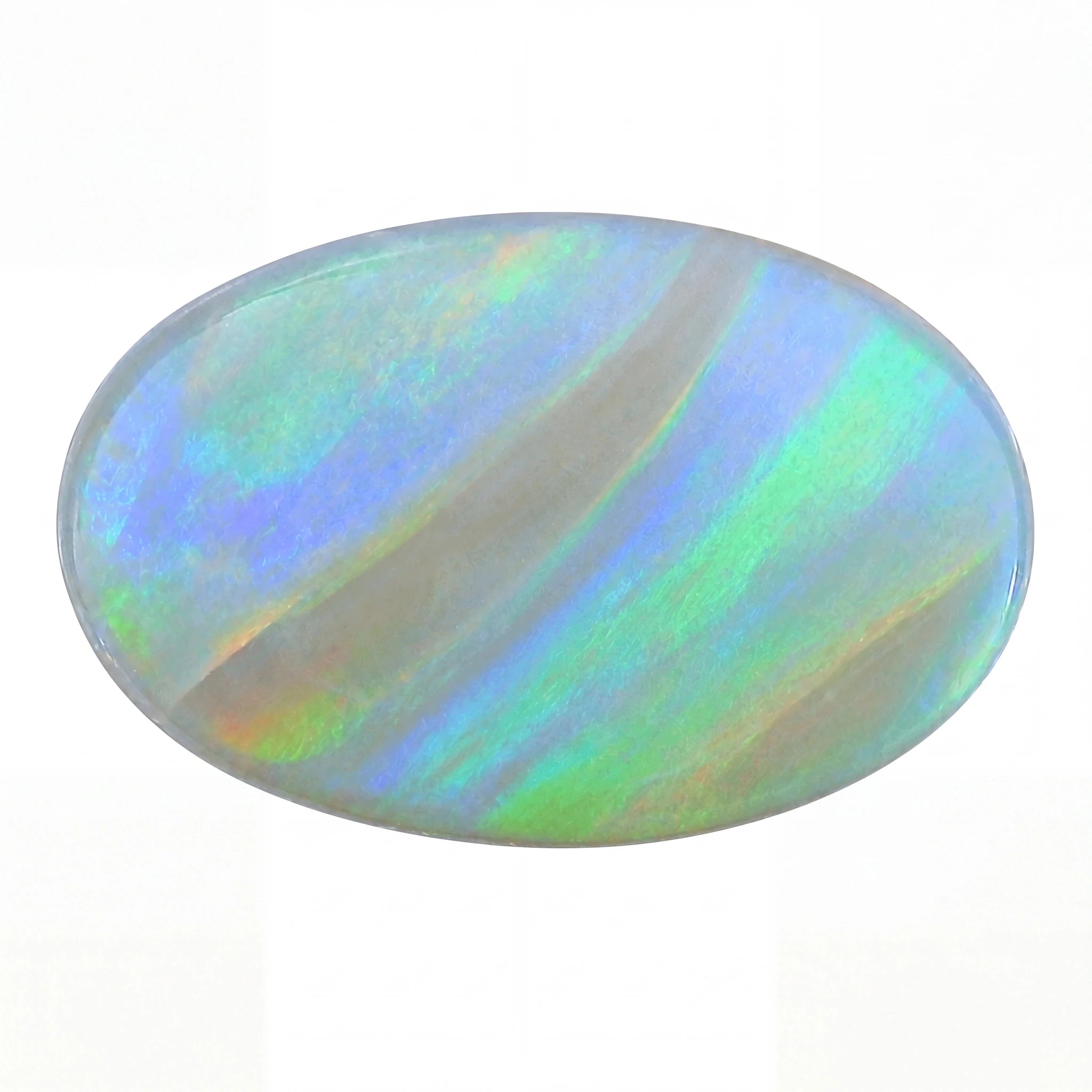 An oval cabochon gemstone showing a play-of-colour iridescent pattern with blue, green, purple, and white hues on a plain white background.