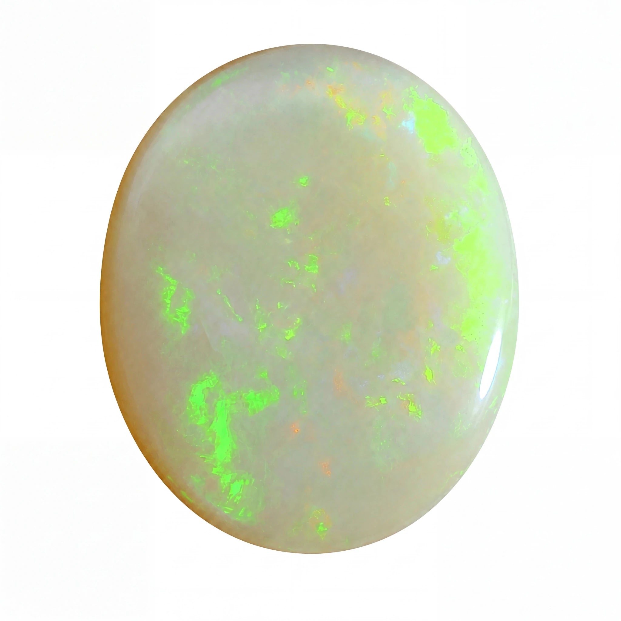 A polished oval cabochon opal gemstone with a creamy off-white base and vibrant neon green flashes, isolated on a white background.