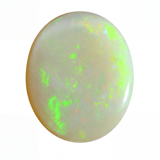 A polished oval cabochon opal gemstone with a creamy off-white base and vibrant neon green flashes, isolated on a white background.