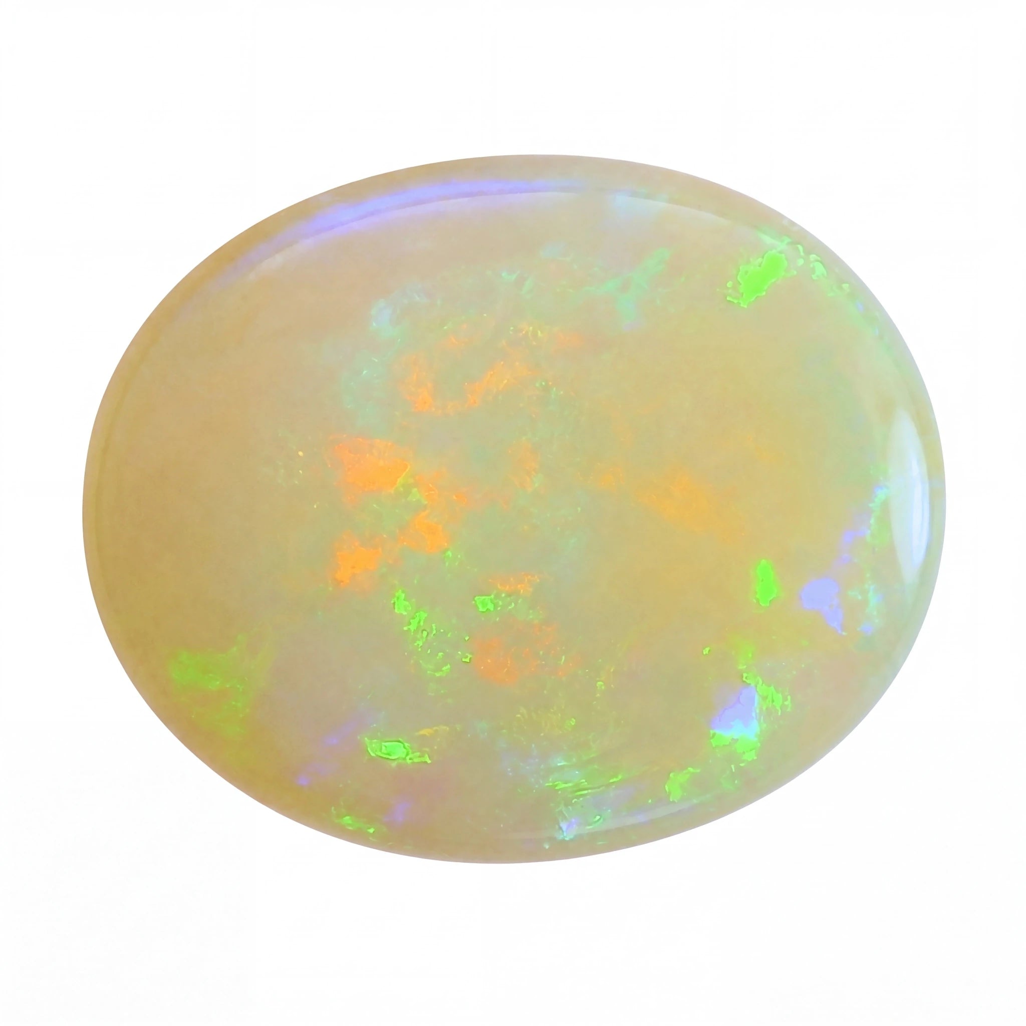 A polished oval cabochon gemstone showing a milky white base with vibrant flashes of green, orange, and light blue iridescence, isolated on a white background.