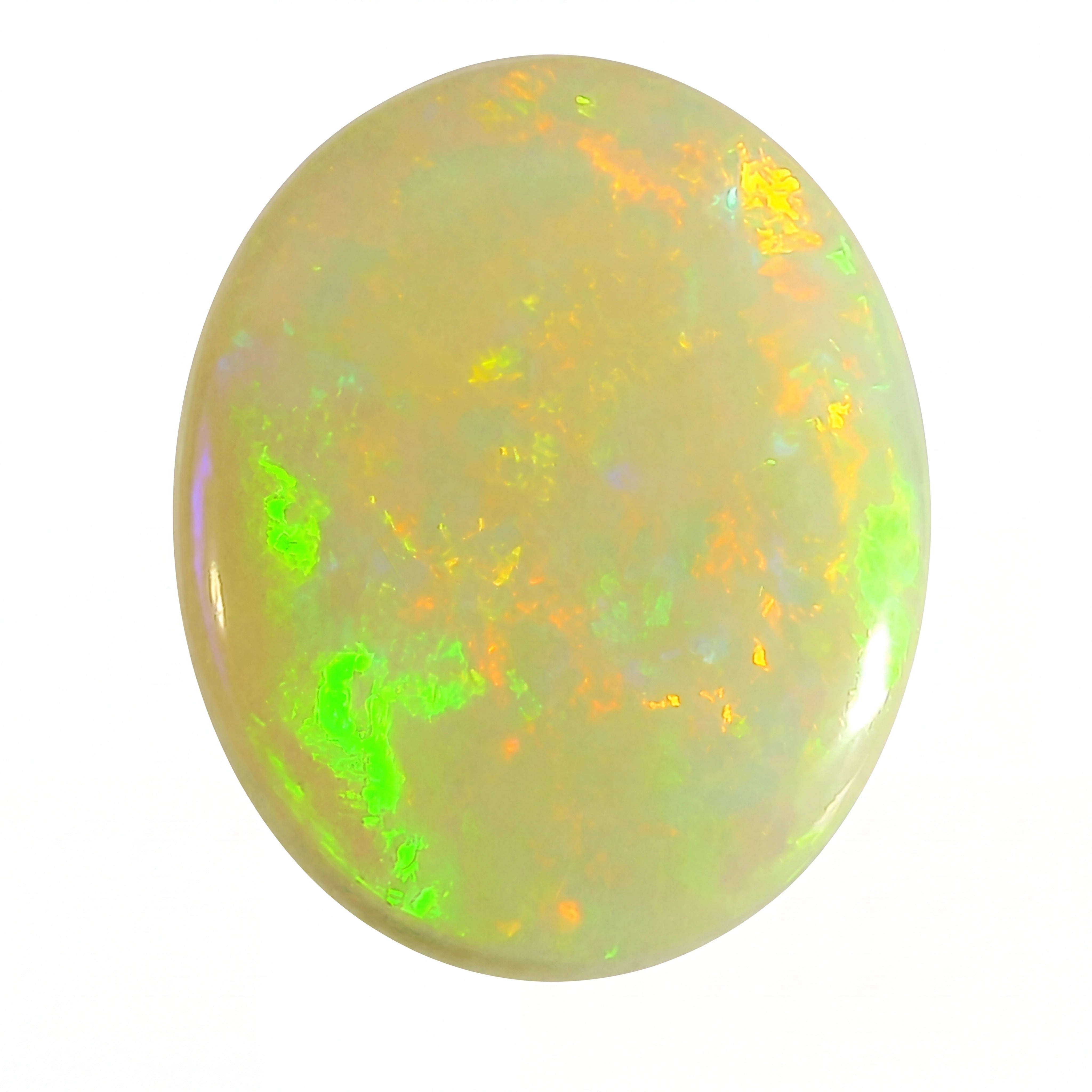 Opal stone with multicoloured play of colours on a white background