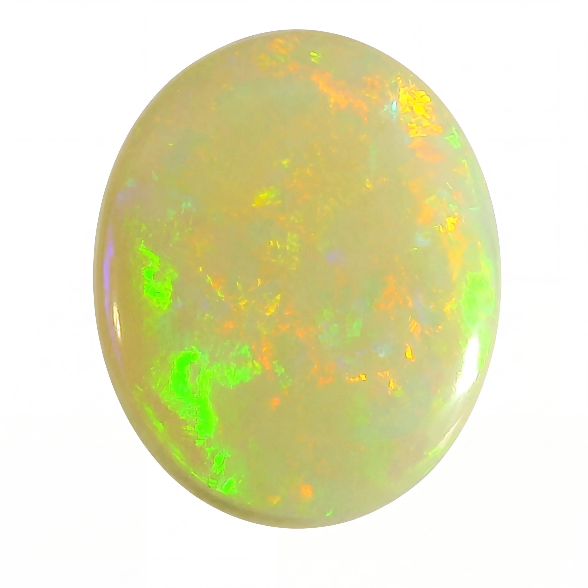 Opal stone with multicoloured play of colours on a white background