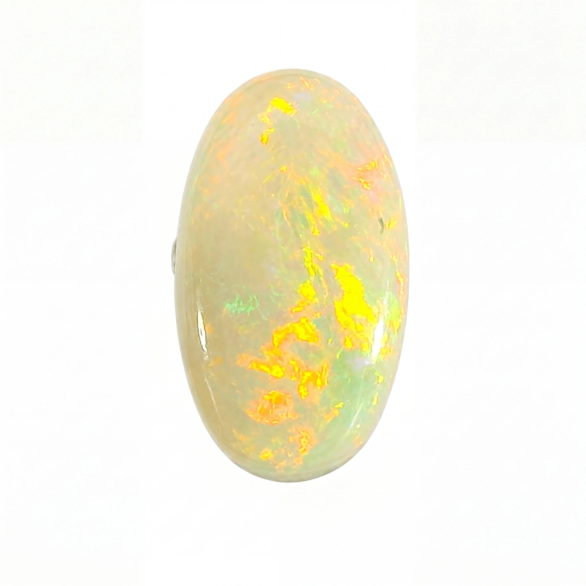 An oval cabochon opal gemstone displaying vibrant flashes of yellow, orange, and green iridescence against a pale off-white base, set against a plain white background.