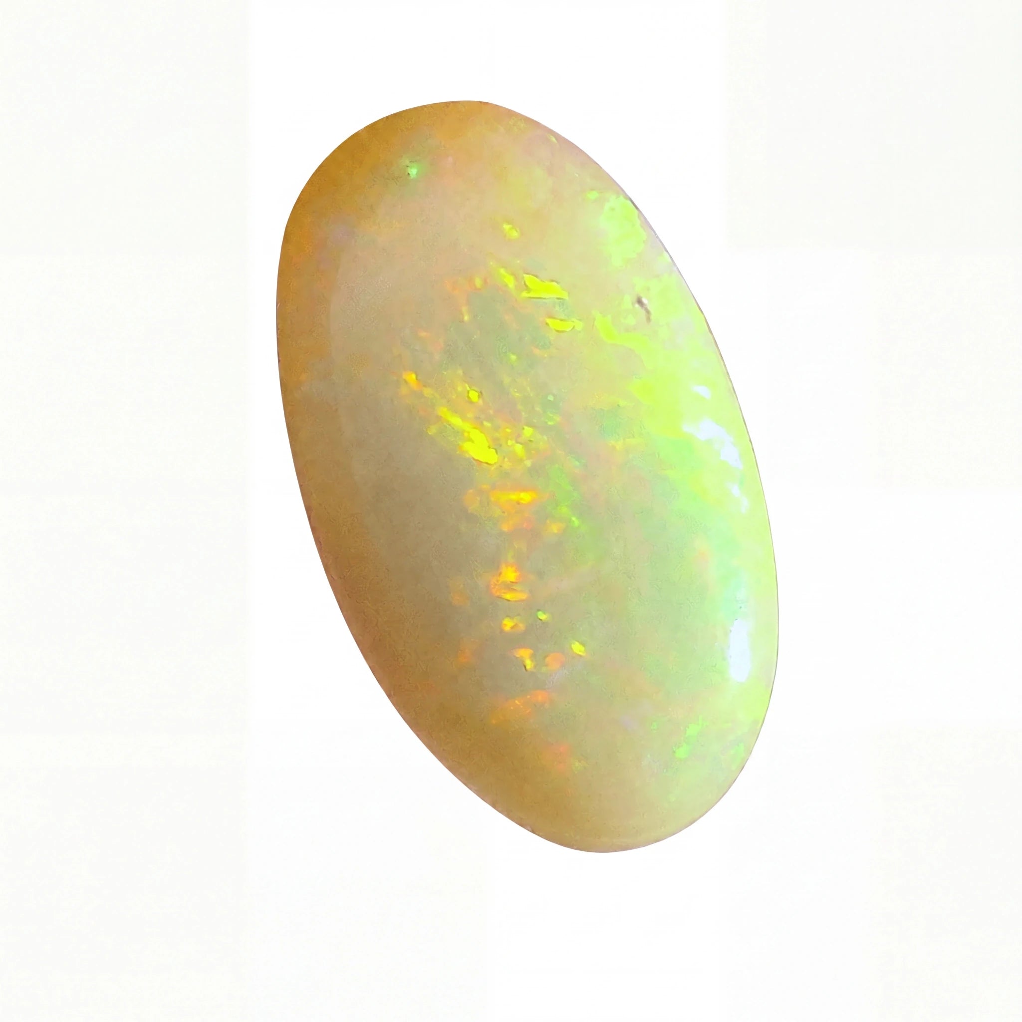 A polished oval cabochon opal gemstone displaying a play-of-colour with green, yellow, and orange flashes on a pale peach and white base, set against a plain white background.