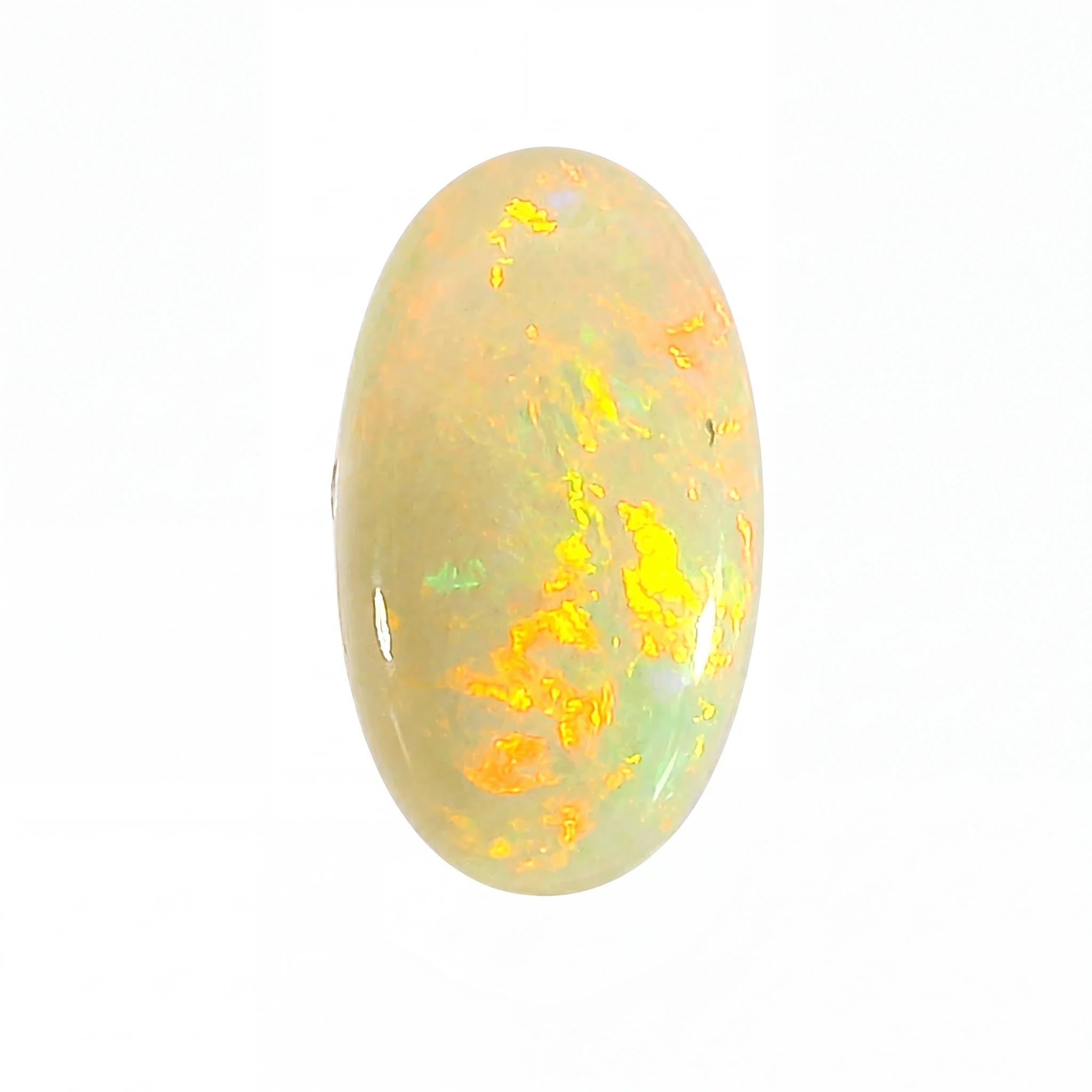 A polished oval cabochon opal gemstone displaying vibrant flashes of yellow, orange, and light green iridescence against a pale cream base, set against a plain white background.