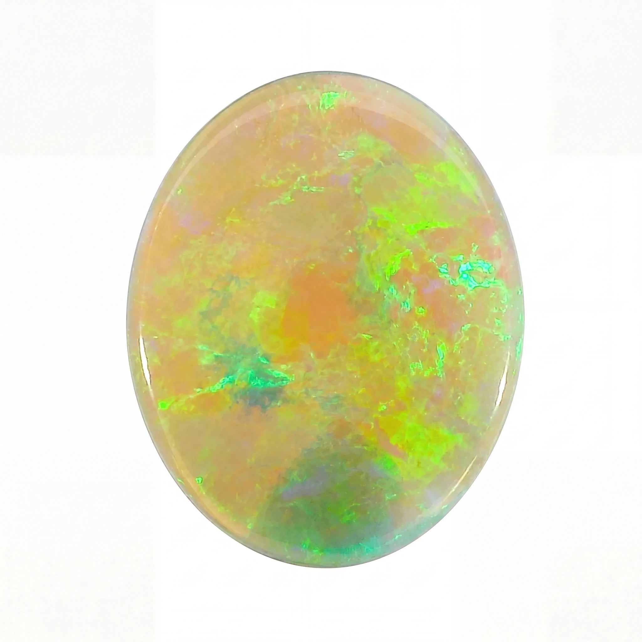 A polished oval cabochon opal gemstone displaying vibrant iridescent play-of-colour with bright green, orange, and blue flashes on a white background.