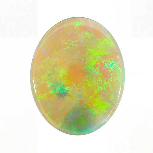 A polished oval cabochon opal gemstone displaying vibrant iridescent play-of-colour with bright green, orange, and blue flashes on a white background.