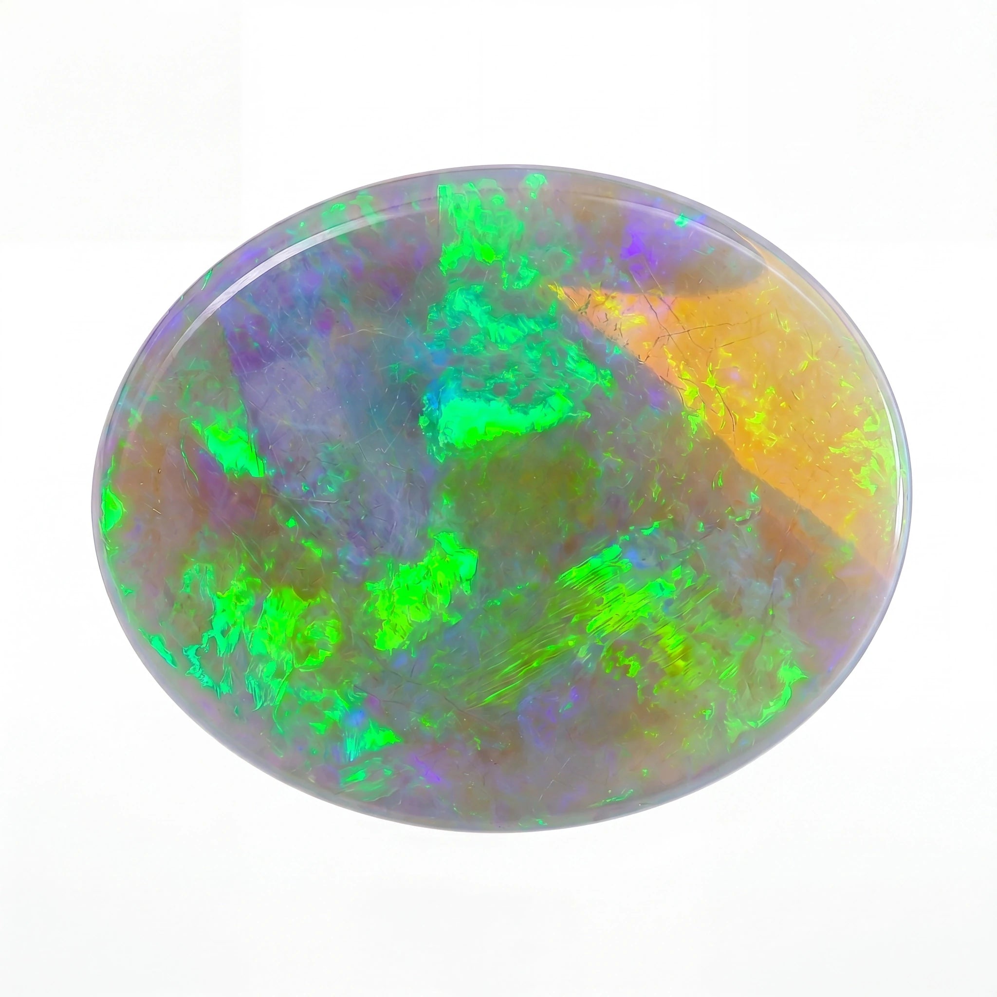 A polished oval cabochon gemstone featuring vibrant iridescent opal colours, including bright green, purple, and orange, set against a plain white background.