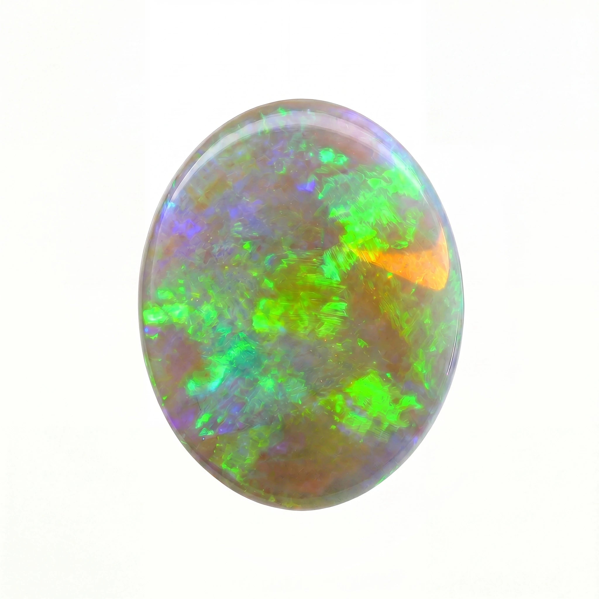 A polished oval cabochon gemstone showing a vibrant play-of-colour with bright green, purple, orange, and blue flashes on a white background.