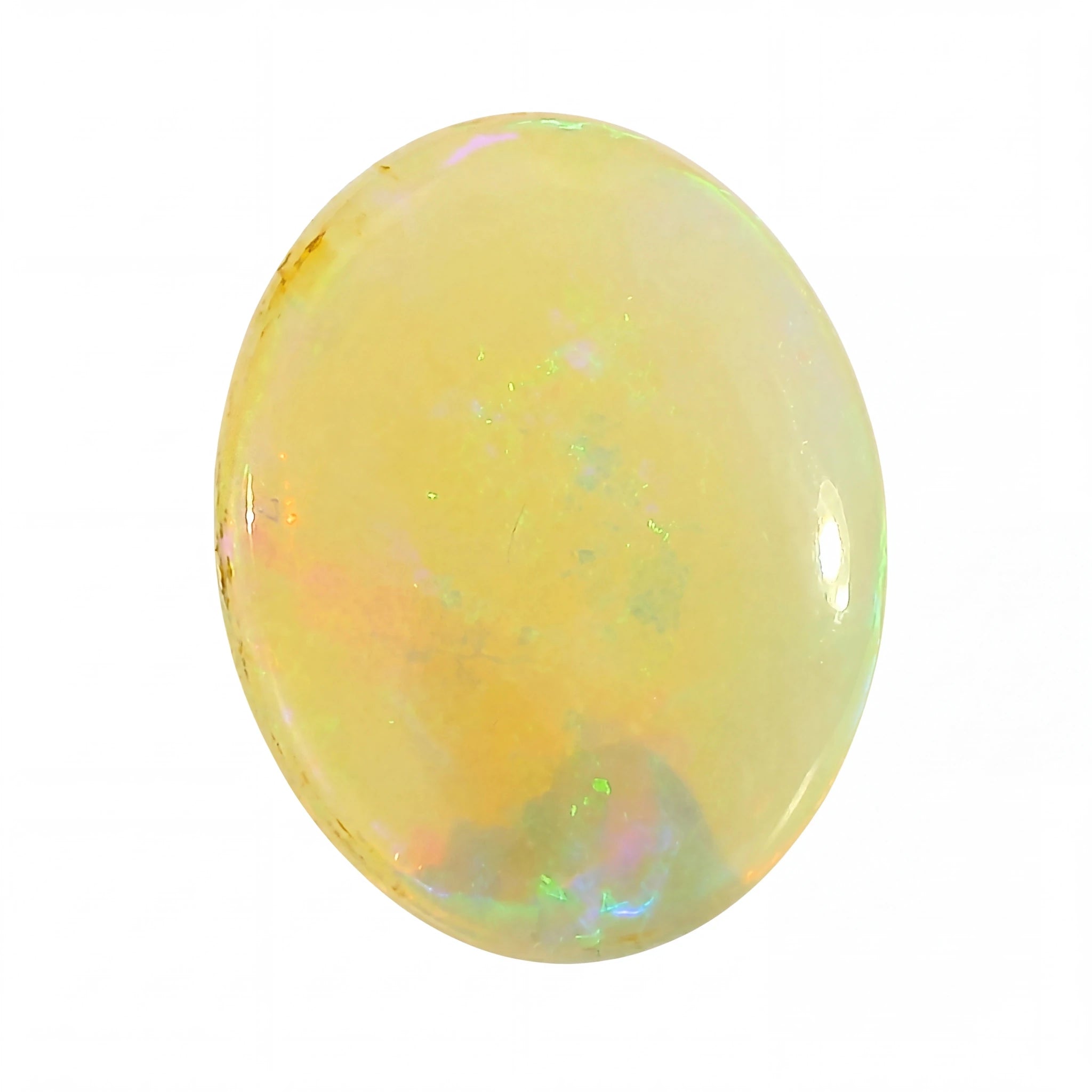 A polished oval cabochon gemstone with a pale yellow body and iridescent flashes of green, blue, and orange, shown on a plain white background.