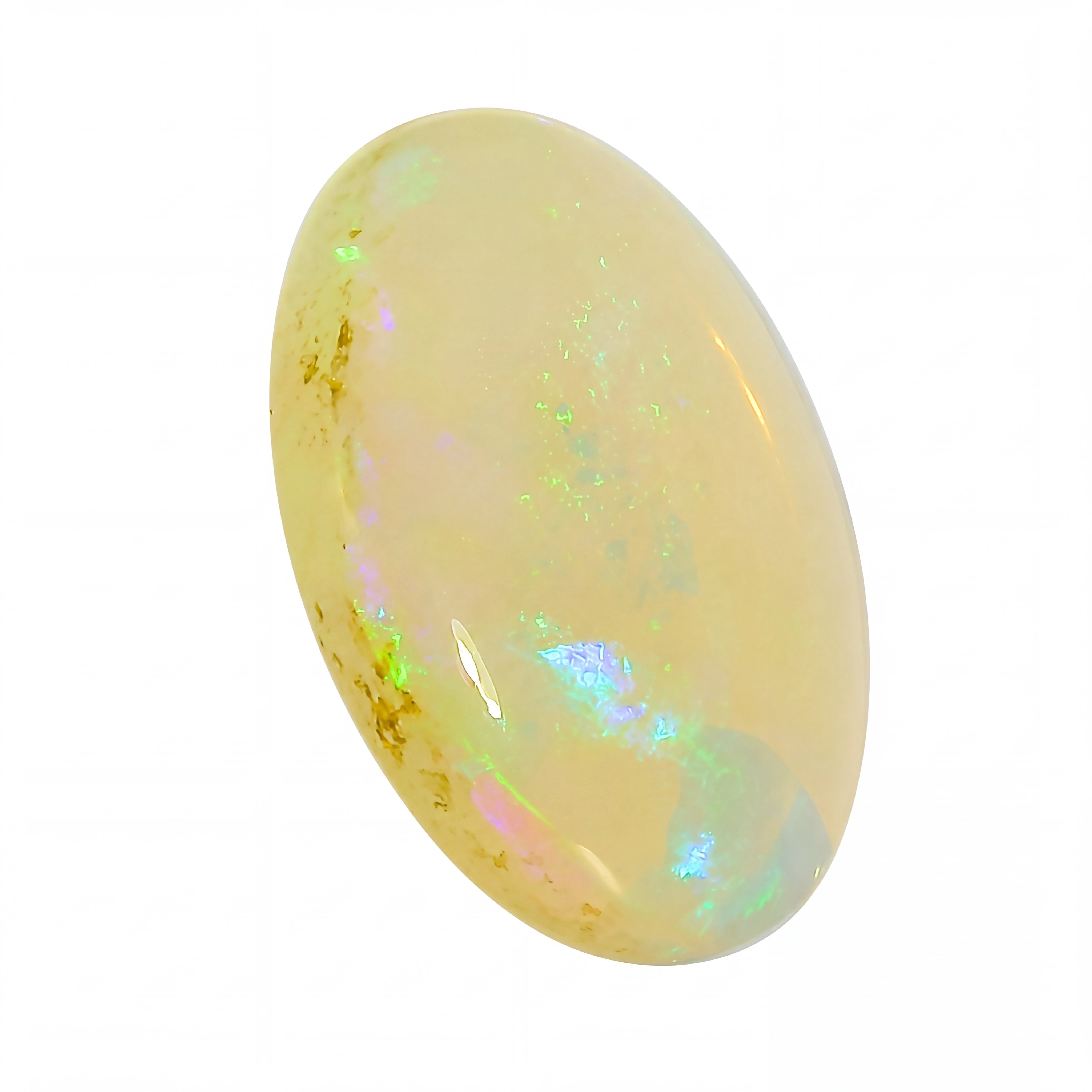 Opal stone with multicoloured play of light on a white background