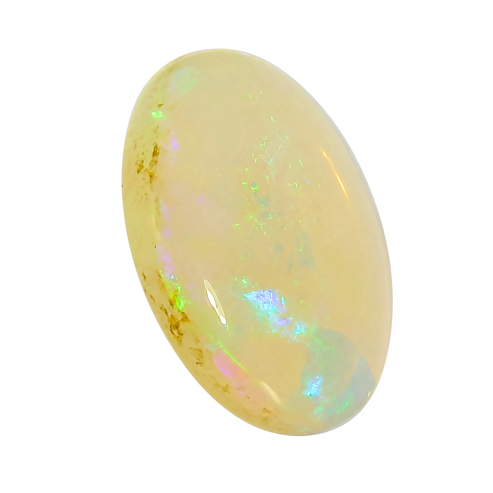 Opal stone with multicoloured play of light on a white background