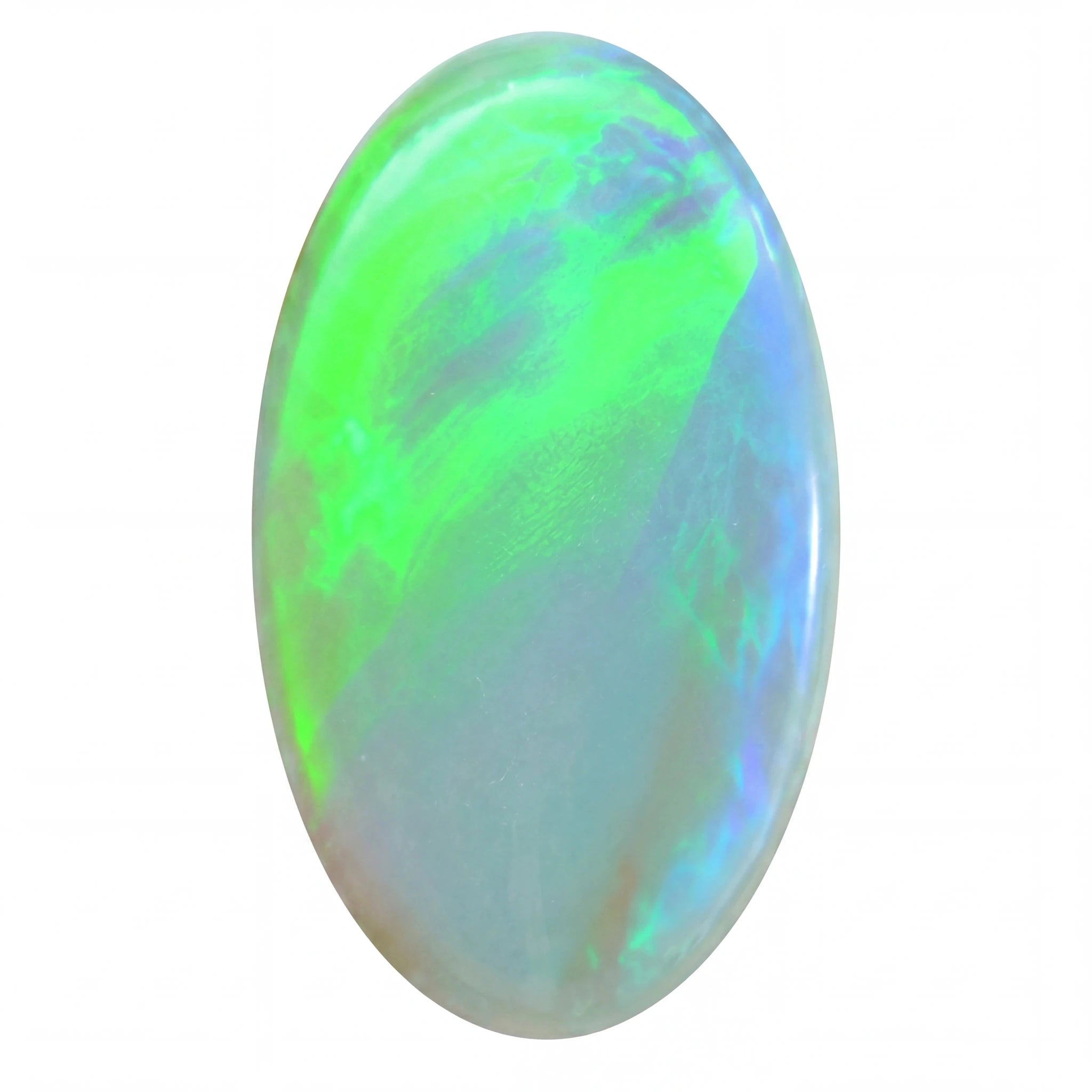 Oval-shaped opal stone with vibrant green and white colours on a white background