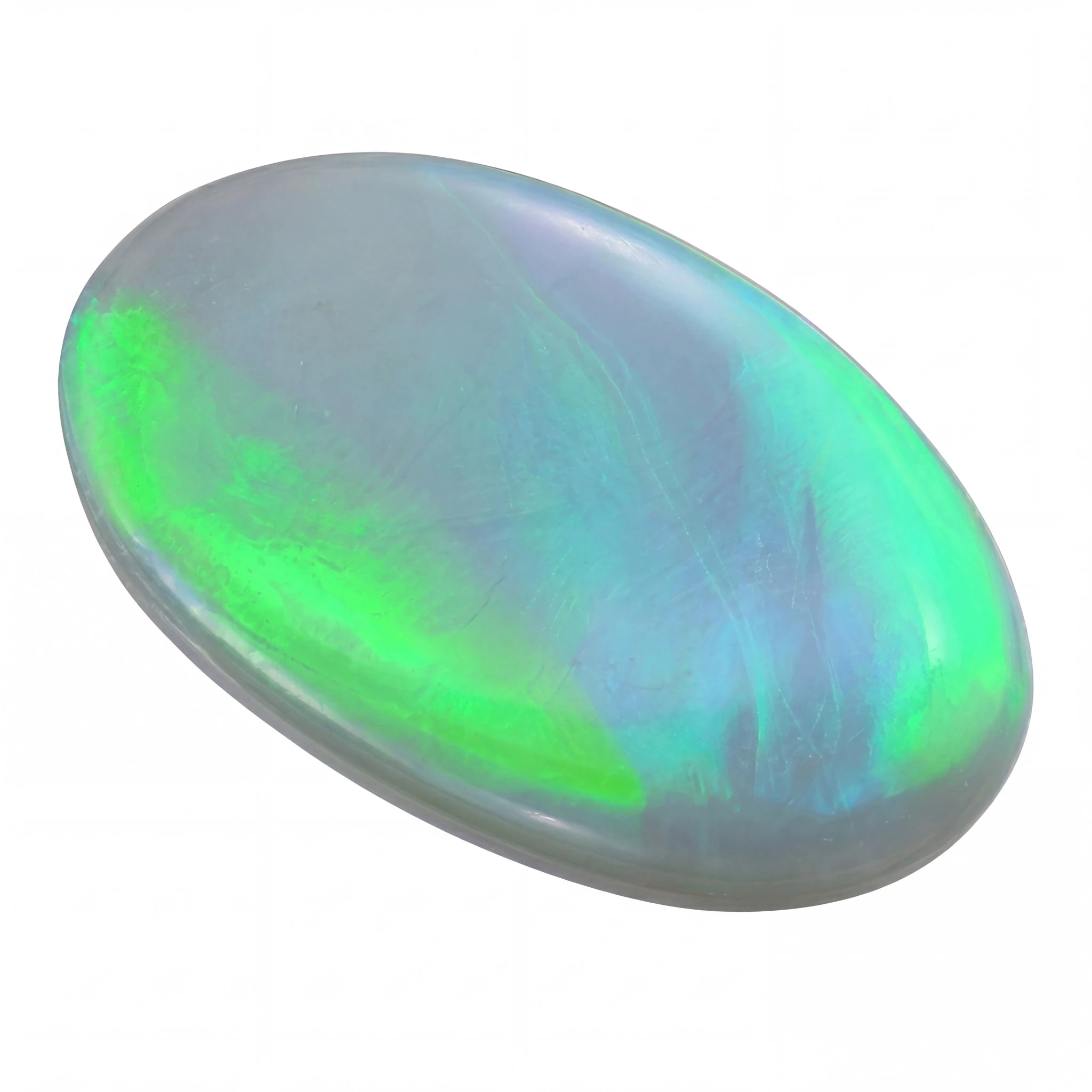 Opal stone with green and blue hues on a white background