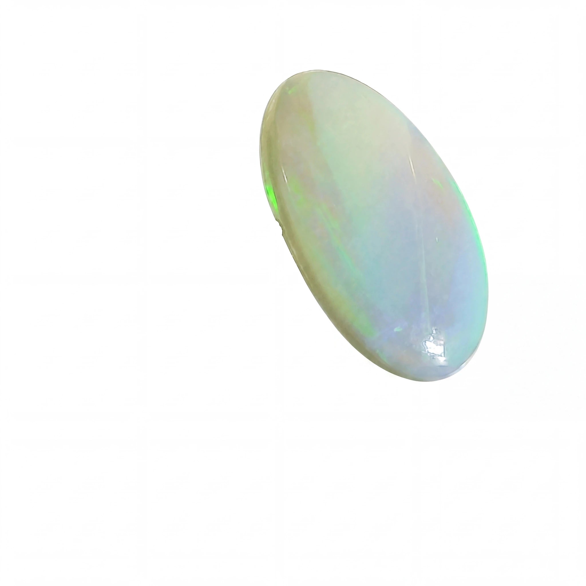 A polished, oval-shaped cabochon gemstone with a milky white base and iridescent flashes of green, blue, and purple, shown on a plain white background.