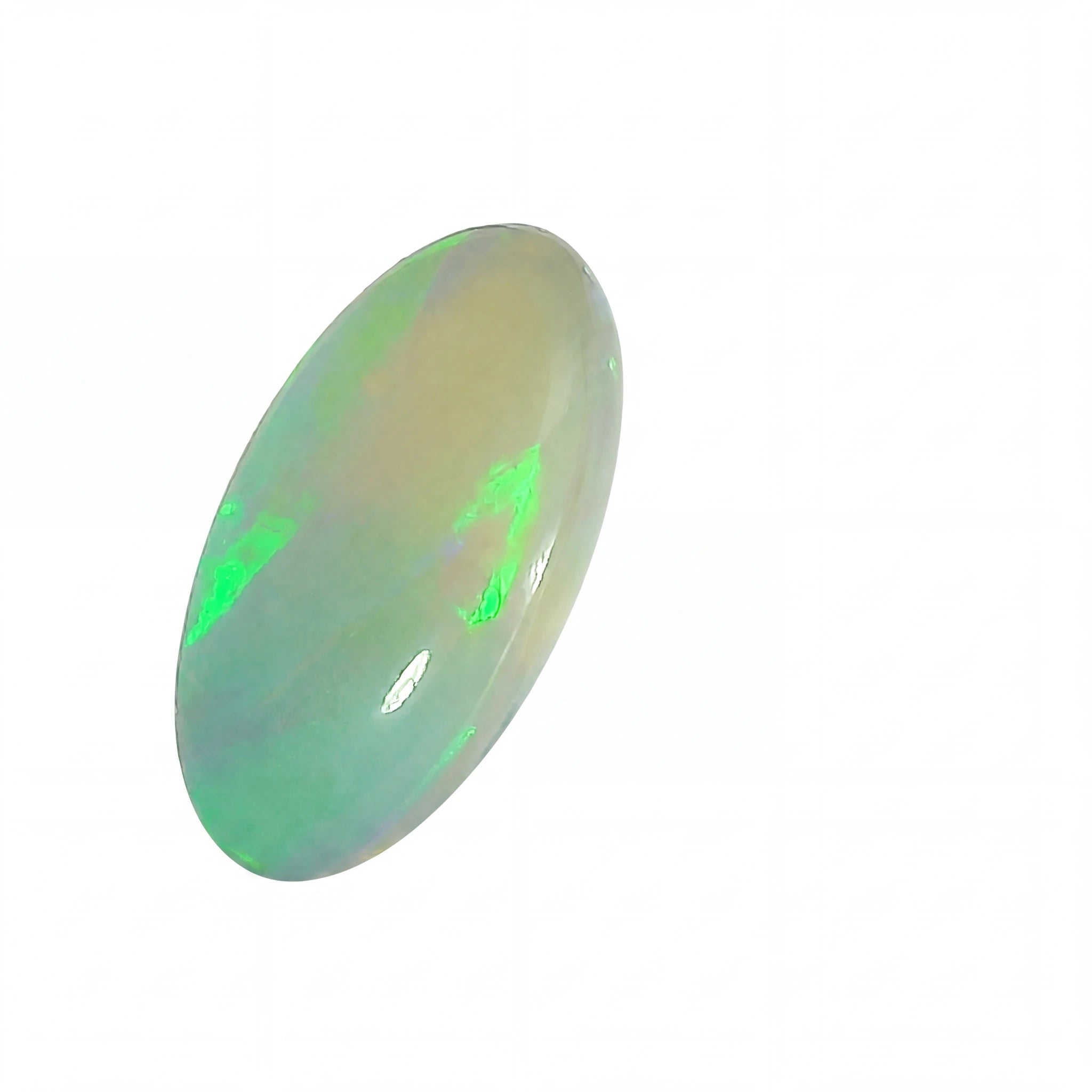 Opal gemstone with green and white colours on a white background