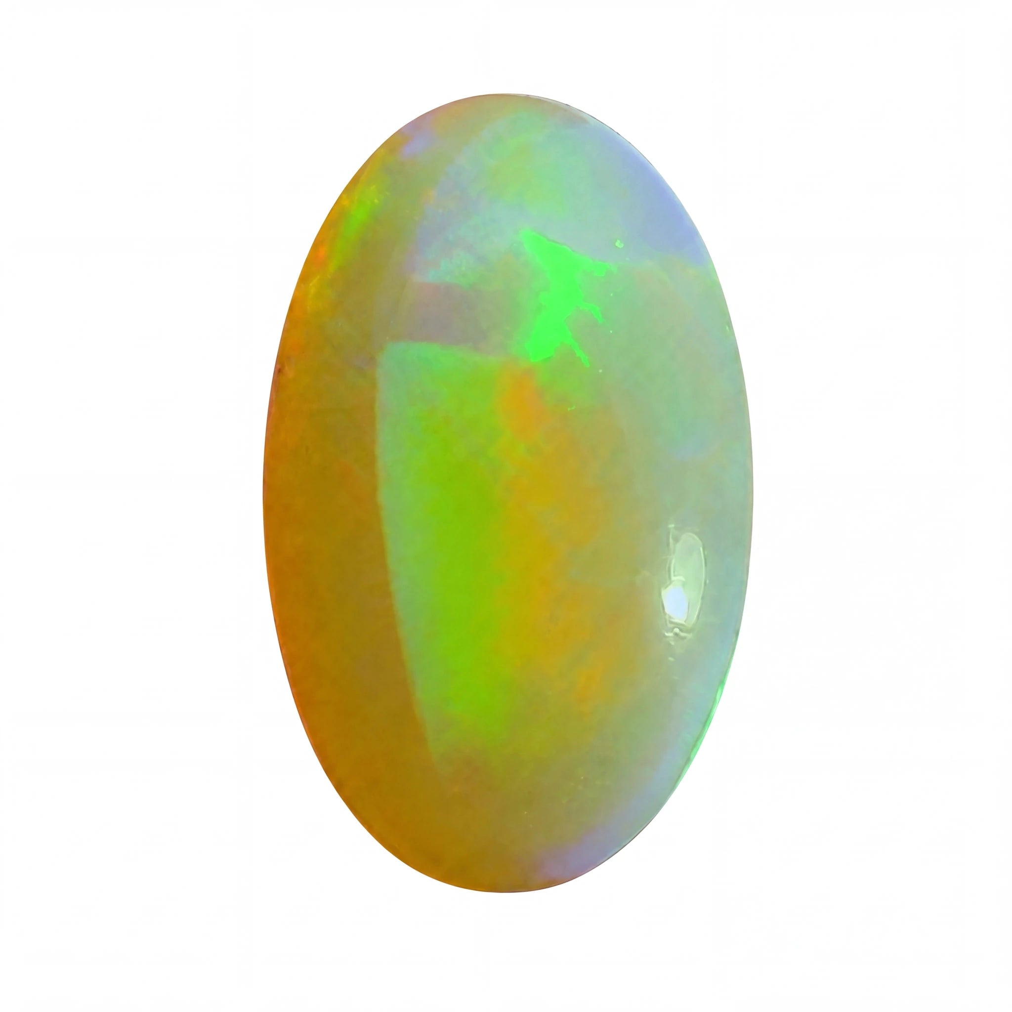 A polished oval cabochon gemstone showing vibrant iridescent colours including green, yellow, orange, and blue, isolated on a white background.