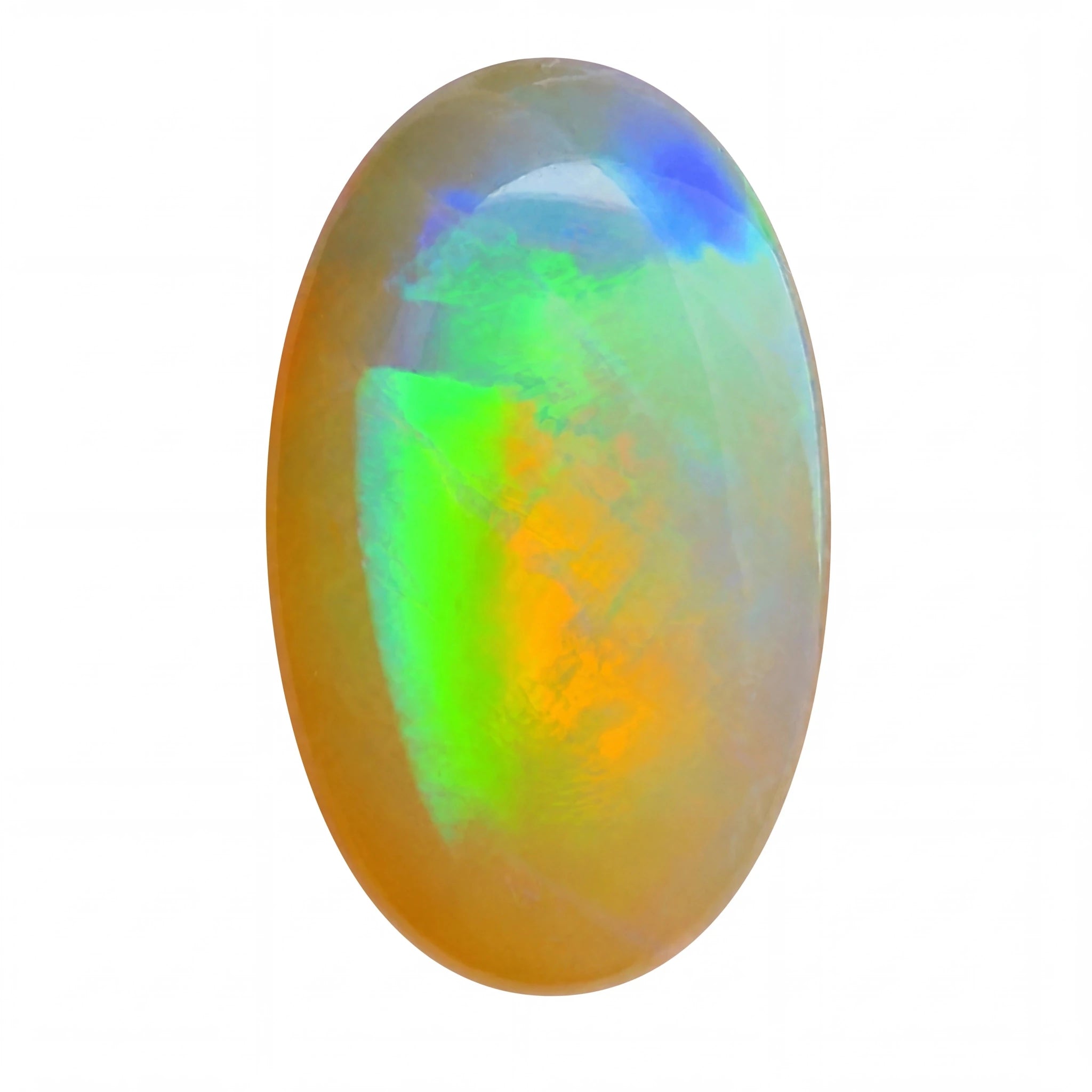 A polished oval cabochon gemstone showing a vibrant play-of-colour with bright green, orange, blue, and cream tones on a plain white background.