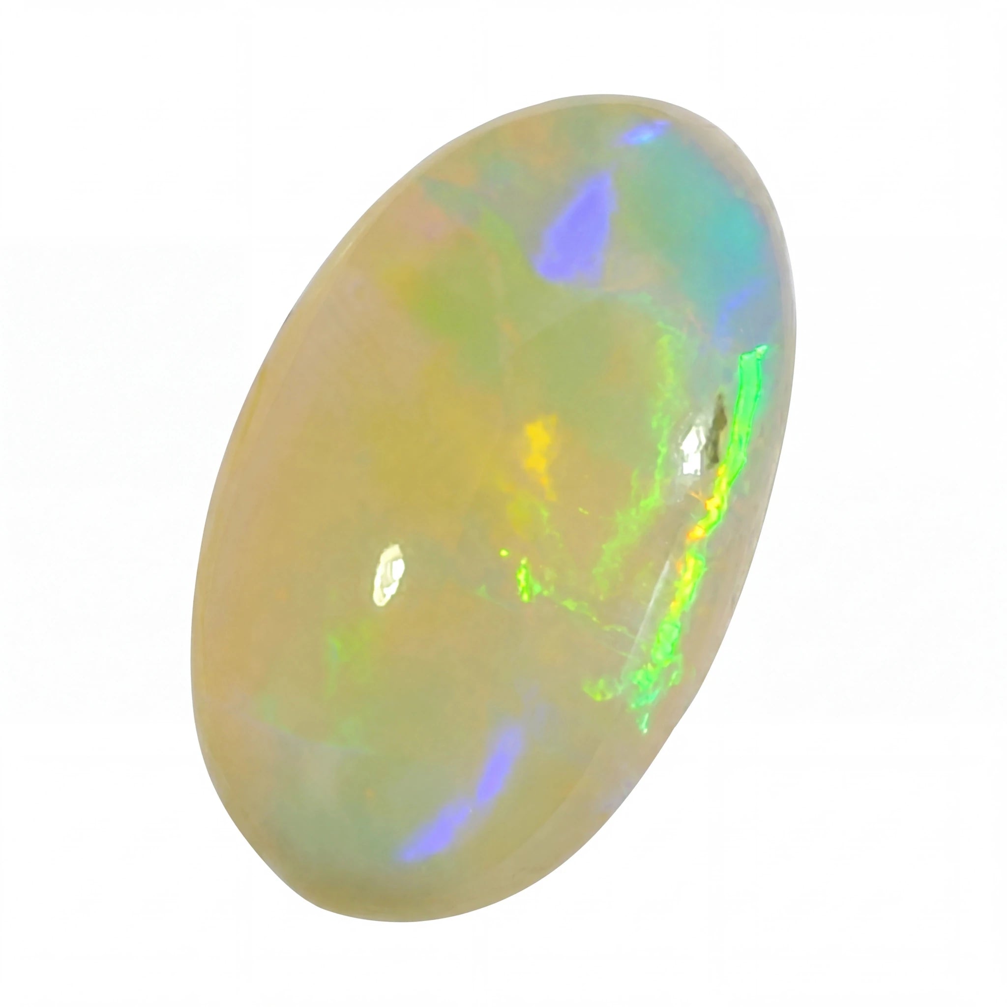 A polished oval cabochon opal gemstone displaying a creamy beige base with vibrant flashes of blue, green, and yellow iridescence, isolated on a white background.