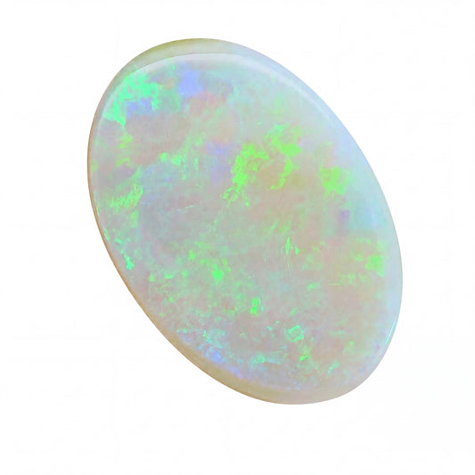 A polished oval cabochon opal gemstone displaying a play-of-colour with vibrant green, blue, and soft pink iridescence on a white background.