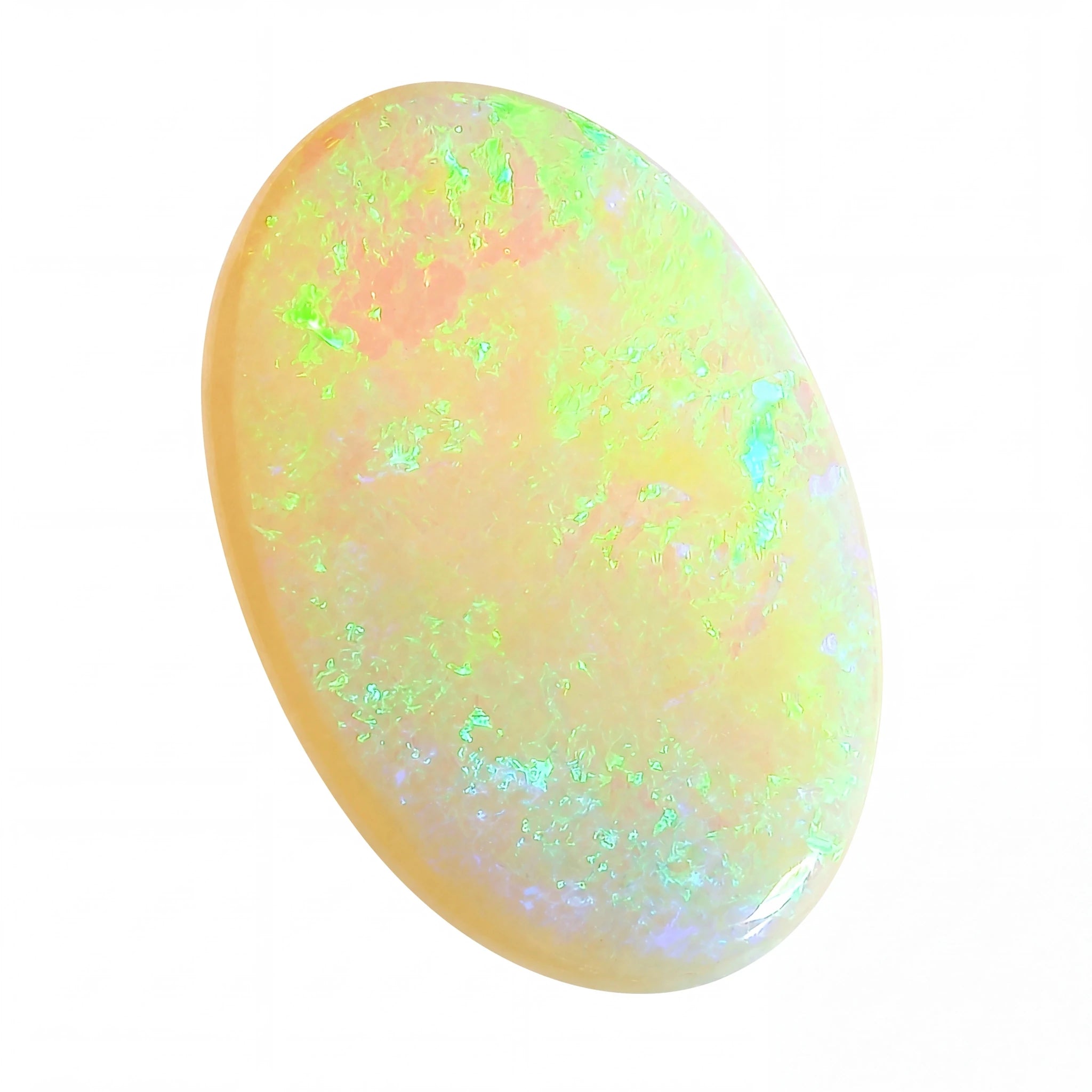 A polished oval cabochon opal gemstone displaying a vibrant play-of-colour with green, yellow, orange, and blue flashes on a solid white background.