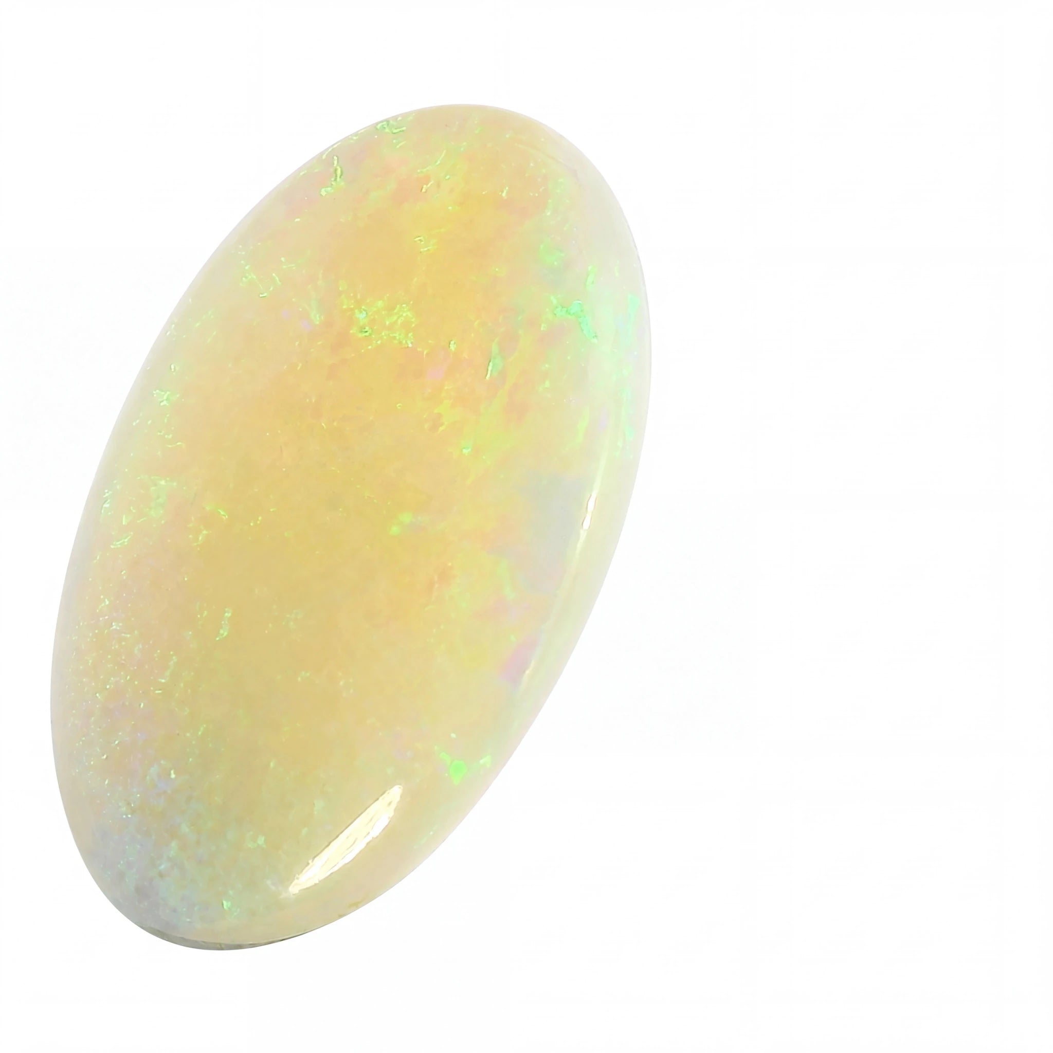 A polished oval cabochon gemstone with a creamy off-white body and vibrant iridescent flashes of green, blue, and pink, set against a plain white background.