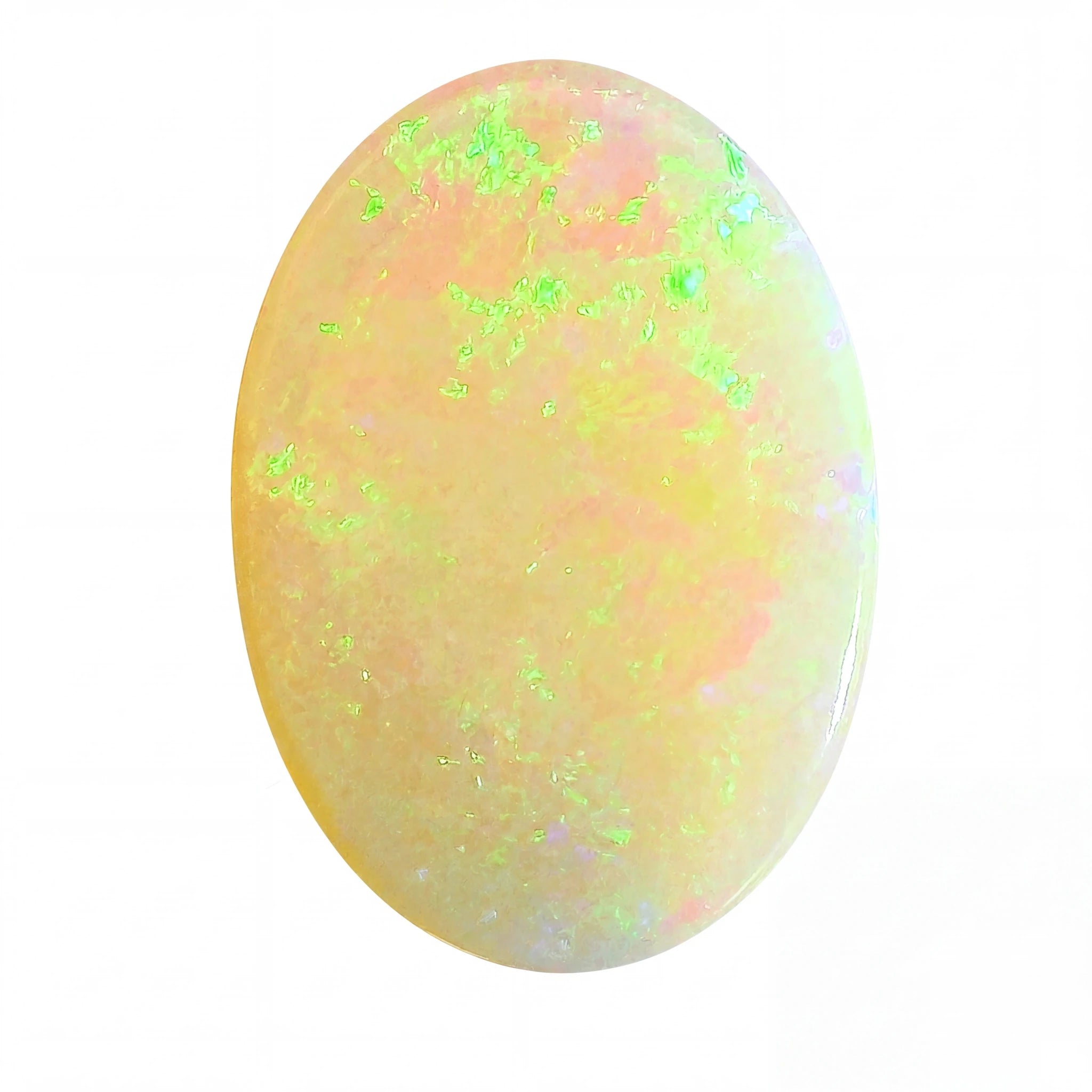 A polished oval cabochon opal gemstone displaying a vibrant play-of-colour with bright green, pink, and yellow iridescence on a pale peach base, isolated on a white background.