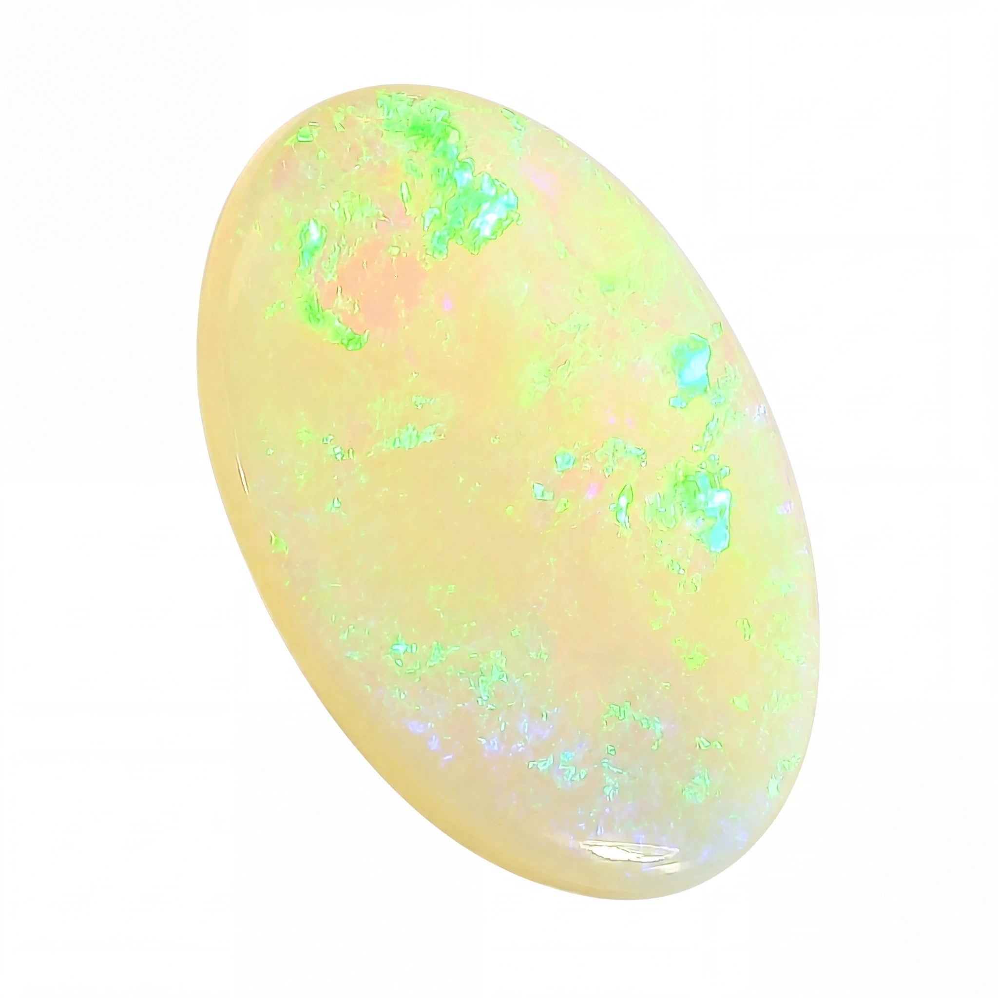 A polished oval cabochon opal gemstone displaying a creamy yellow base with vibrant flashes of neon green, light blue, and soft pink, set against a plain white background.