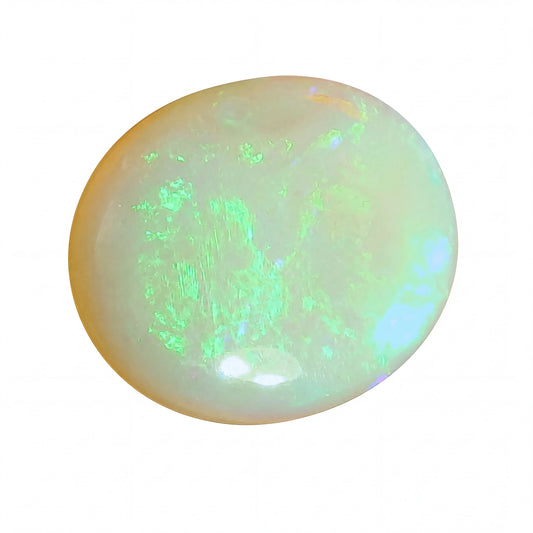 A polished oval cabochon gemstone showing a milky white base with vibrant green and blue iridescent flashes, isolated on a white background.