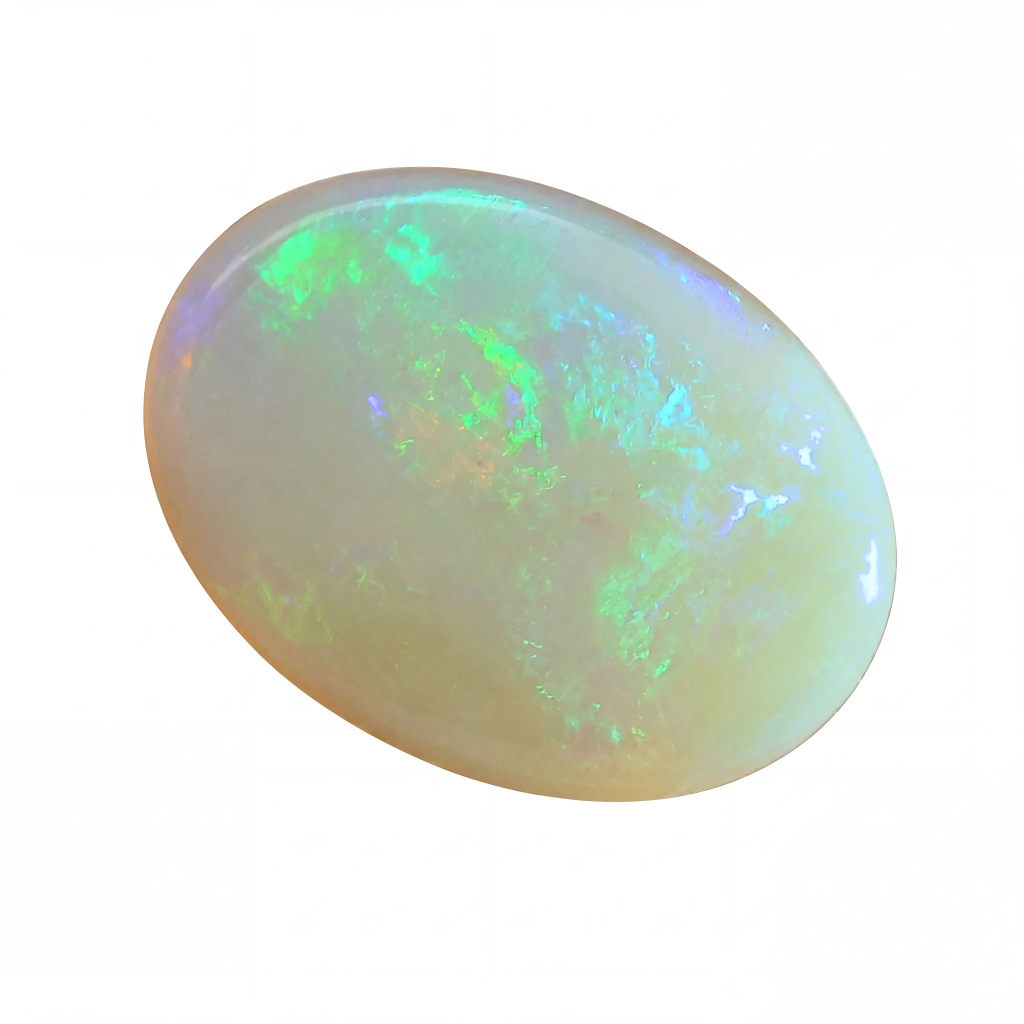A polished oval cabochon opal gemstone displaying a play-of-colour with vibrant green, blue, and soft peach-pink hues on a white background.