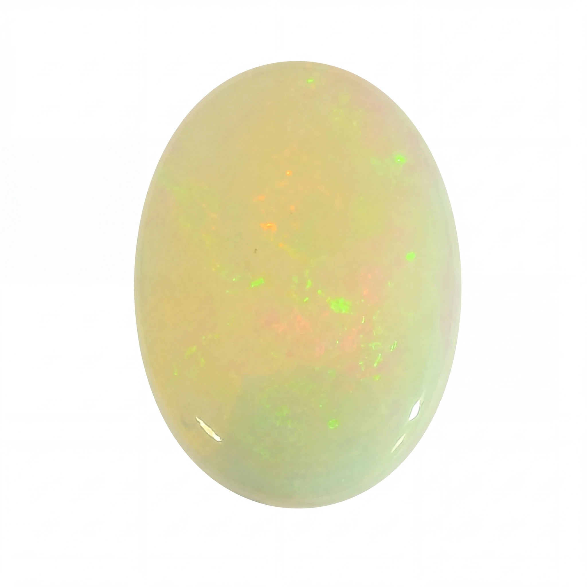 A polished oval cabochon gemstone with a milky white base and vibrant flashes of green, orange, and blue iridescence, shown on a plain white background.